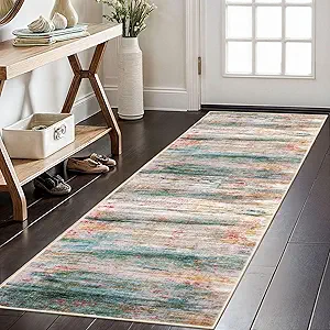 KOZYFLY Modern Abstract Kitchen Runner Rug, 2x6 Washable Rug Runner Non-Slip Soft Hallway Runner Rugs, Green Print Distressed Carpet Runner for Entryway Bathroom Laundry Room Foyer