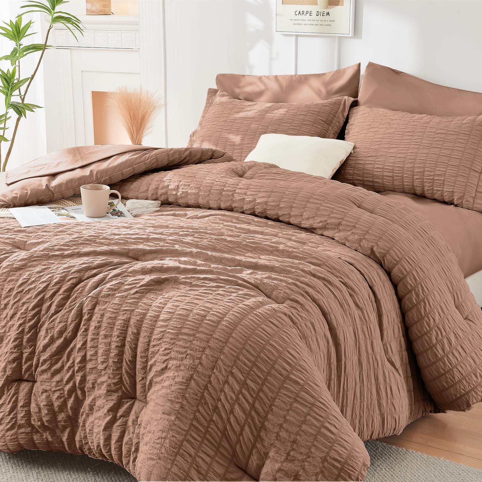 Queen Comforter Set - 7PCS Bed in a Bag, Seersucker Bedding Set Mocha Brown | OEKO-TEX Certified, All Season Comforter with Sheets, Down-Alternative Fill, Soft & Breathable, Pillowcases & Shams