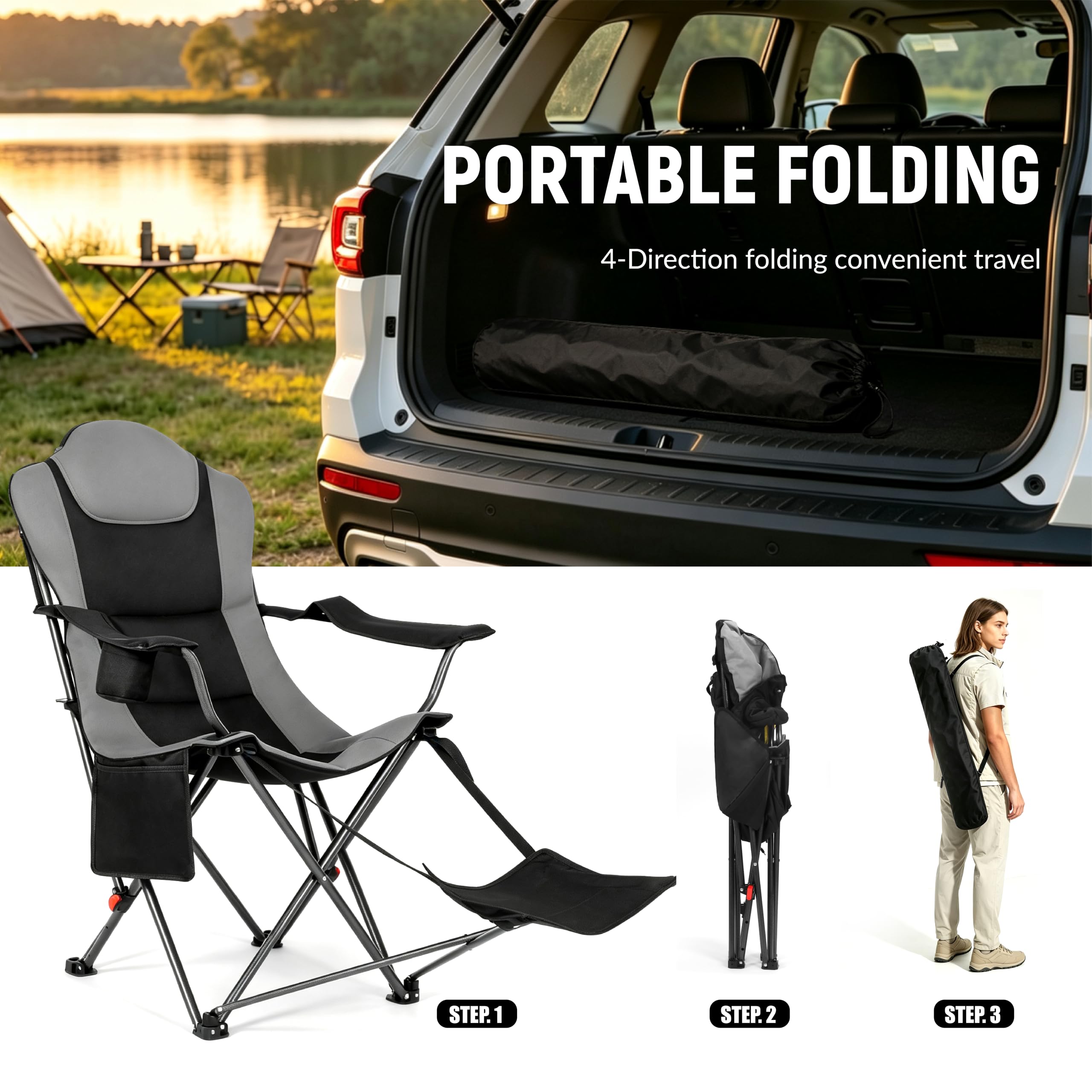 OUTSIDER Silla de camping resistente con reposapiés, 200 kg, silla plegable de 3 posiciones, soporte para bebidas, bolsillo superior con cremallera y bolsillo lateral, portátil para camping, pesca