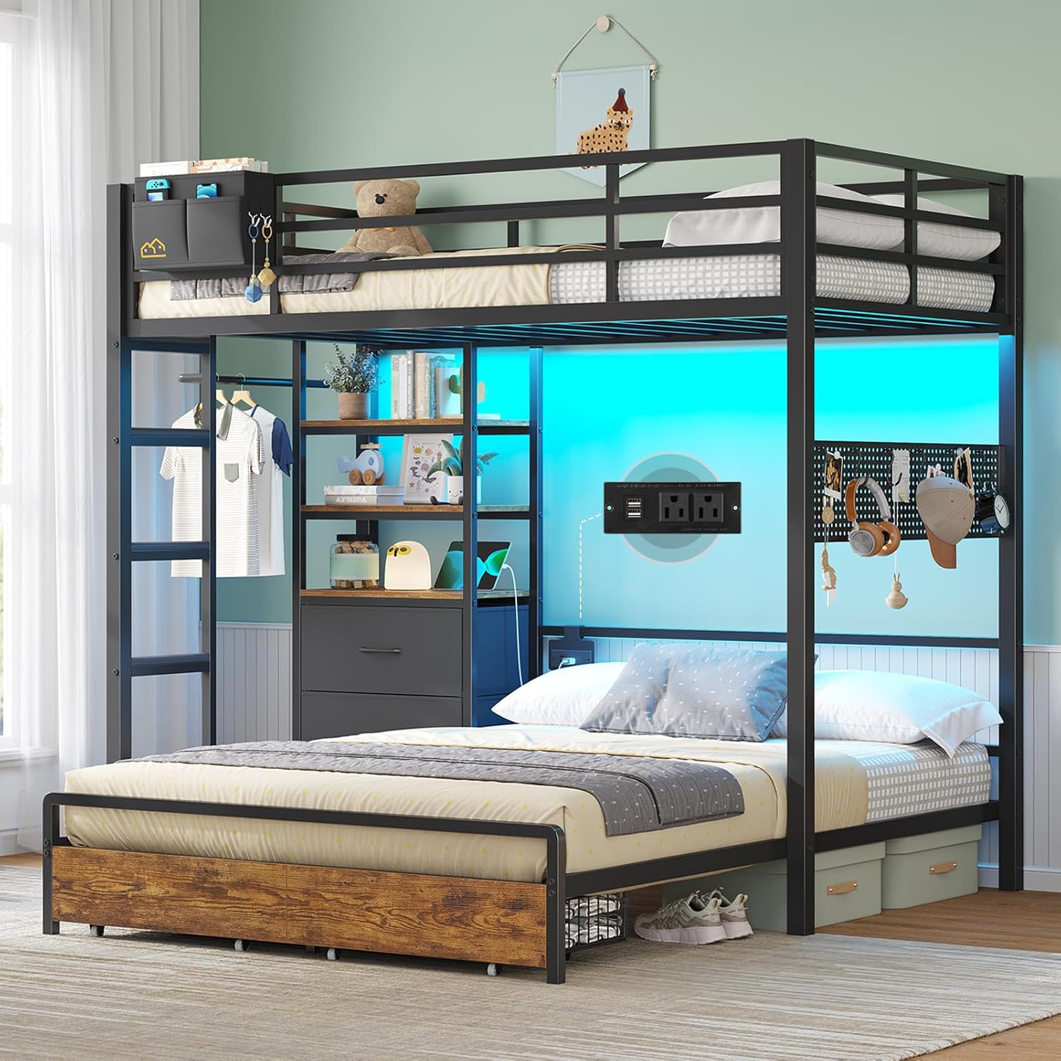 Twin Over Full Size Bunk Bed with 4 Storage Drawers and Bookshelf, Metal Bunk Beds with LED Lights, Charging Station, Loft Bunk Bed with Pegboard, Safety Guardrail and Ladders, for Kids, Teens, Adults