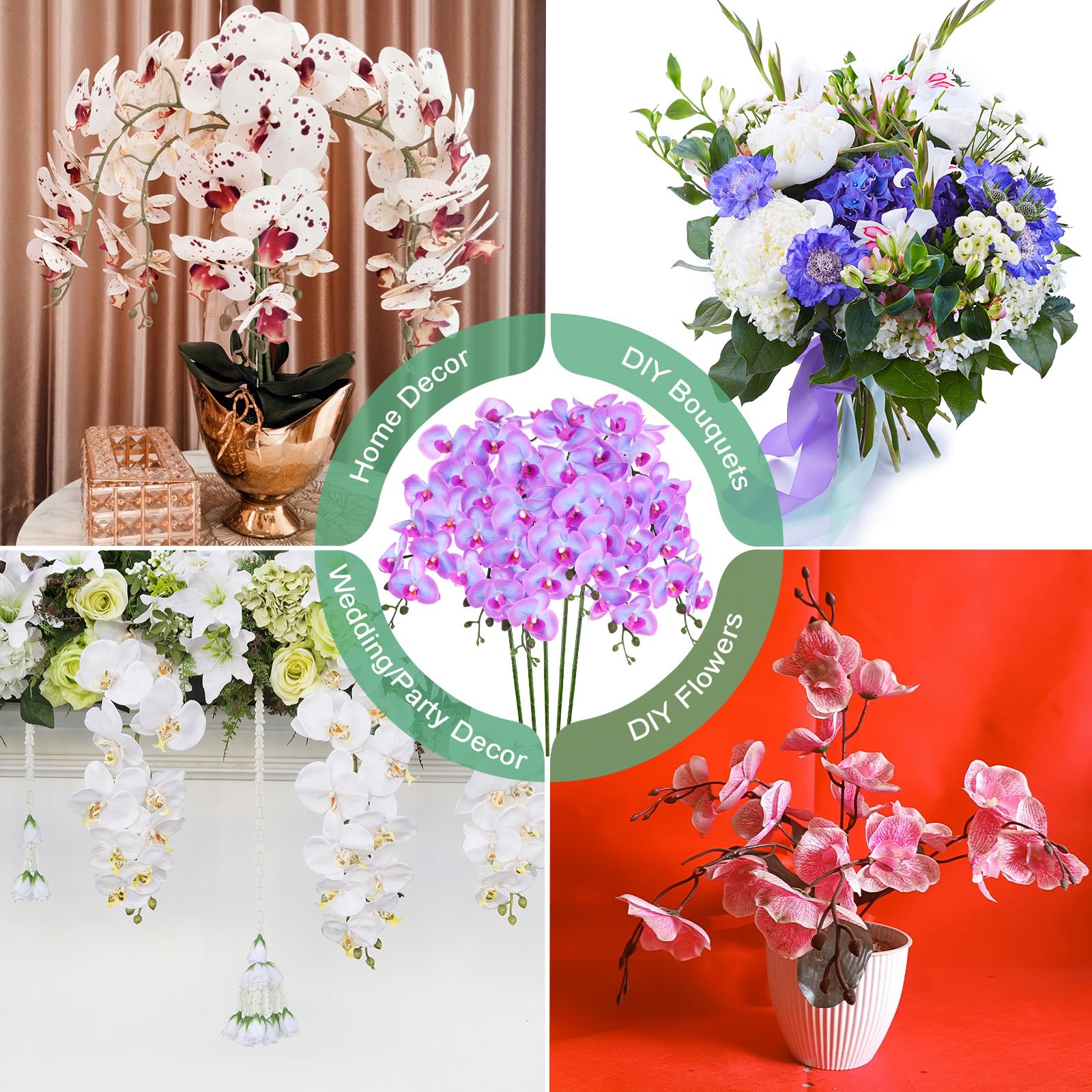 M METERXITY 6-Pack Orchidées Artificielles 9 Grands Pétales 37 Pouces Fausses Bouquets Real Touch Bleu Violet Fausses Orchidées pour Home/Wedding/Christmas/Party/Garden Office