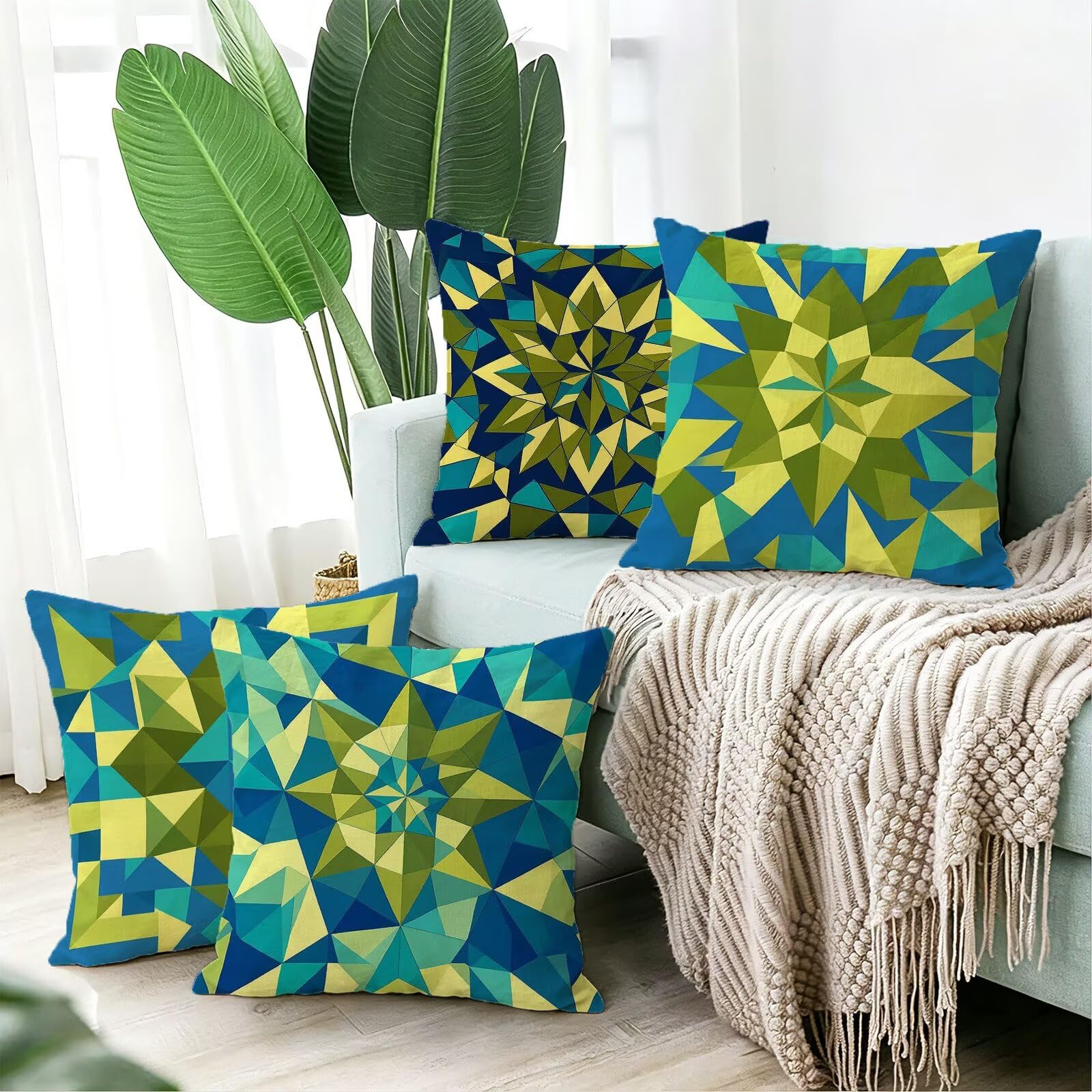 Verde Federe Cuscini Divano 60x60cm, Cuscini da Esterno Set de 4, Cod-53 | Lin Copricuscini Decorativi Letto Arredo, per Letto, Soggiorno, Giardino, Esterno, Casa Decorazione Set di 4 Geometria