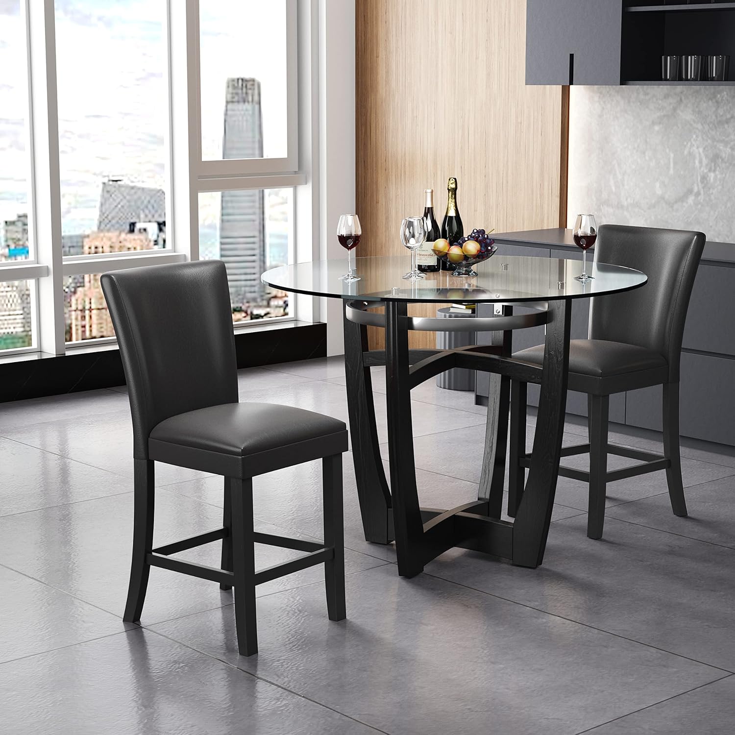 MODERION Counter Bar Stools Set of 2, Solid Wood Bar Chairs, Holds Up to 250 Lbs, 40”H Dinning Chairs with Waterproof Surface, Fuax Leather, Upholstered Stools for Kitchen Restaurant Black ZBY1331BK
