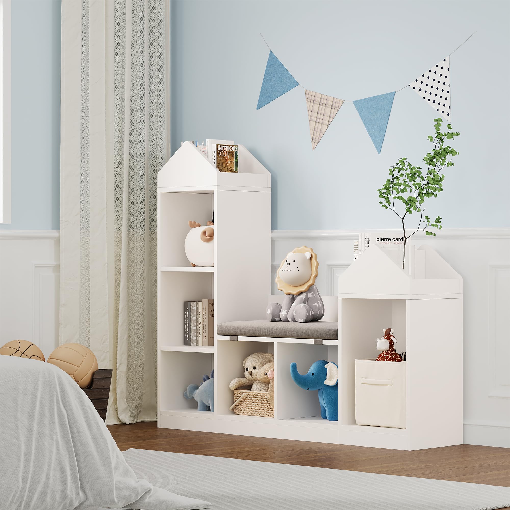 Praktisches Kinder Bücherregal mit 6 Fächern und Sitzkissen – | Holzregal zur Aufbewahrung von Büchern & Spielzeug – Sitzbank für Kinderzimmer und Spielzimmer – 121 x 30 x 108 cm