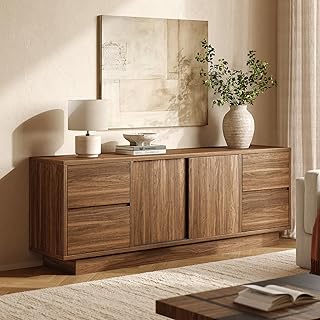 ModernMate 70'' Wide TV Stand for TVs Up to 75'', Wood Entertainment Center with Sliding Doors and Drawers, Television Console Storage Cabinet with Adjustable Shelves for Living Room, Bedroom, Walnut