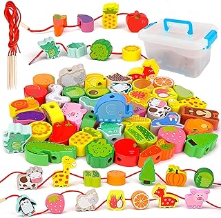 Yamvisa 42 Pieces Toddler Threading Toy Wooden Educational Montessori Threading Learning Toys with Storage Box for 2-5 Year Olds Boys and Gilrs Baby Gifts