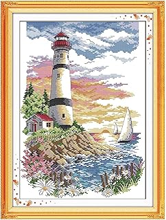 Cross Stitch Kits for Beginners Cross Stitch Needlepoint Kits for Adults Stamped Cross Stitch Kits for Adults DIY 14CT Embroidery Patterns Stitches Kit-The Lighthouse 11.8x15.75 inch