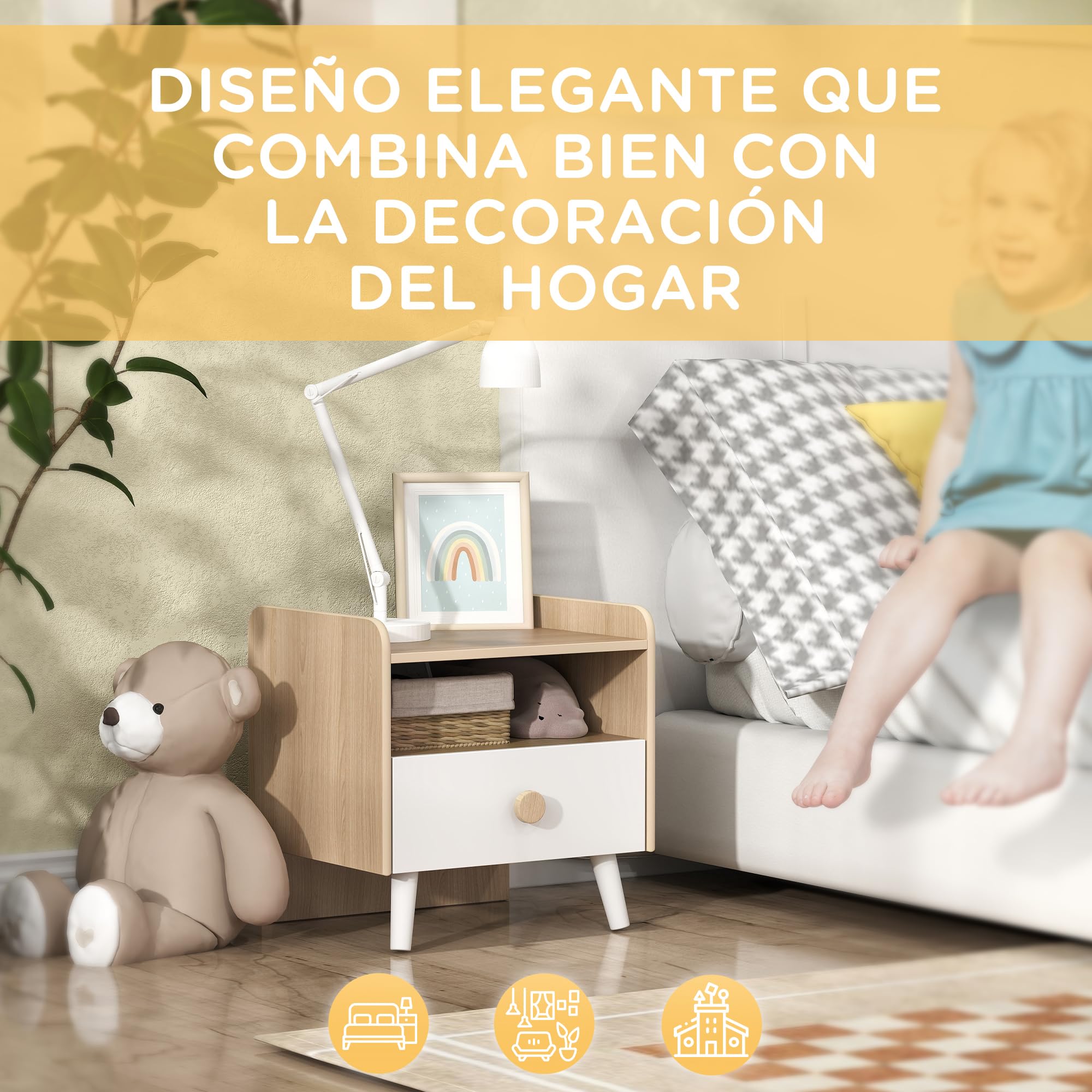 AIYAPLAY Mesita de Noche Infantil de Madera, Mesita de Noche para Niños de +3 Años con Cajón y Bordes Redondeados, para Dormitorio, Blanco y Roble