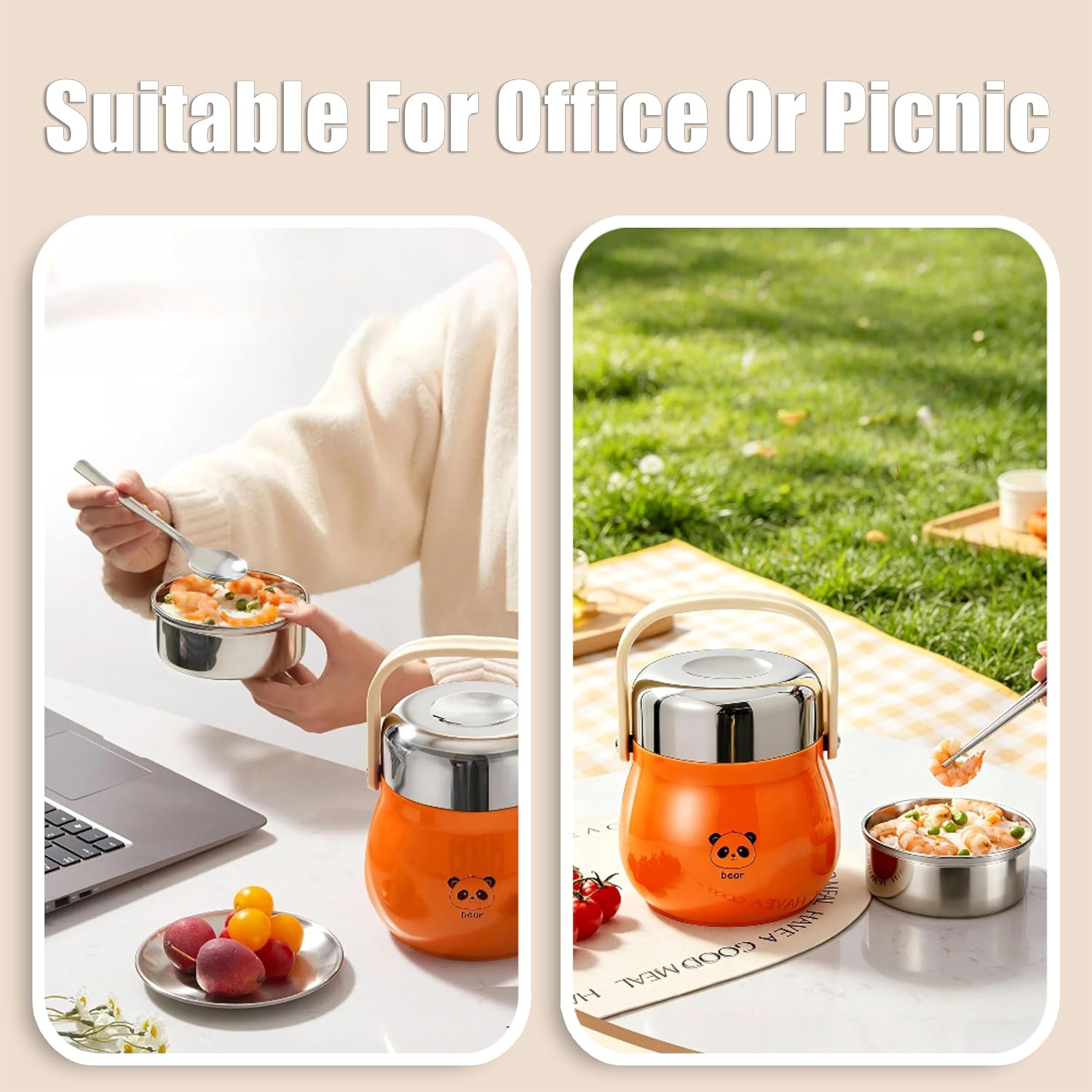50oz Stainless Steel Vacuum Panda Pattern Food Jar Portable 2-Tier Lunch Container with Meal Prep Bowl and Handle for Office Picnic and Camping Activities (Orange)