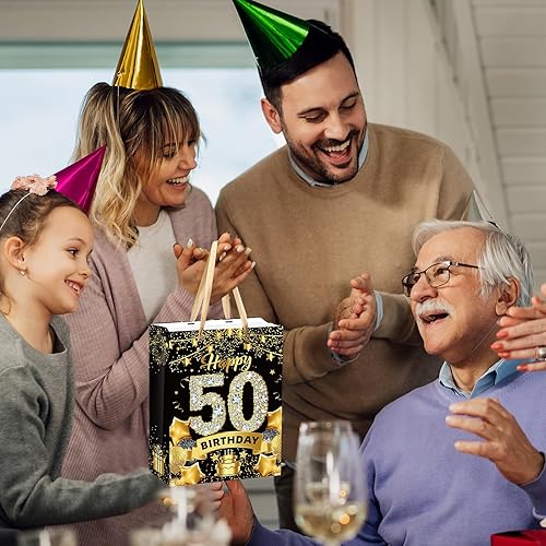 Miniatura 6 de Bolsa de regalo de cumpleaños número 50, bolsa dorada de regalo de 50 cumpleaños con papel de seda y tarjeta, bolsas de regalo de papel kraft de 50