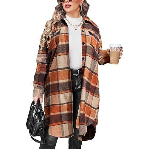 IN'VOLAND Womens Plus Size Flannel Plaid Shirts Long Sleeve Lounge Lapel Boyfriend Button Down Tartan Long Jacket Coats