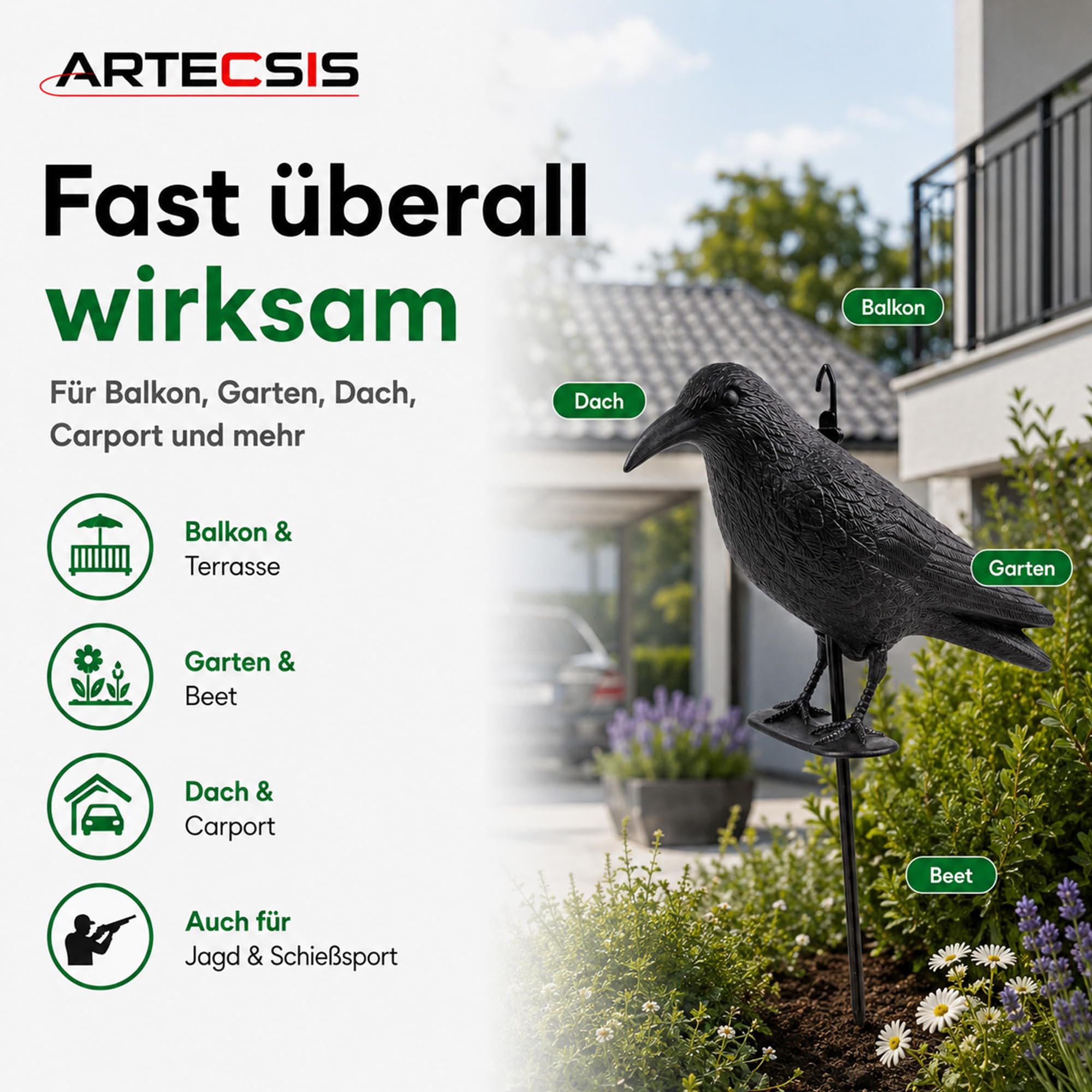 ARTECSIS® Set da 6 corvo finto in plastica anti piccioni e uccelli (38x13x12 cm) - sagoma di corvo resistente alle intemperie per balcone e giardino - spaventapasseri realistico per allontanare