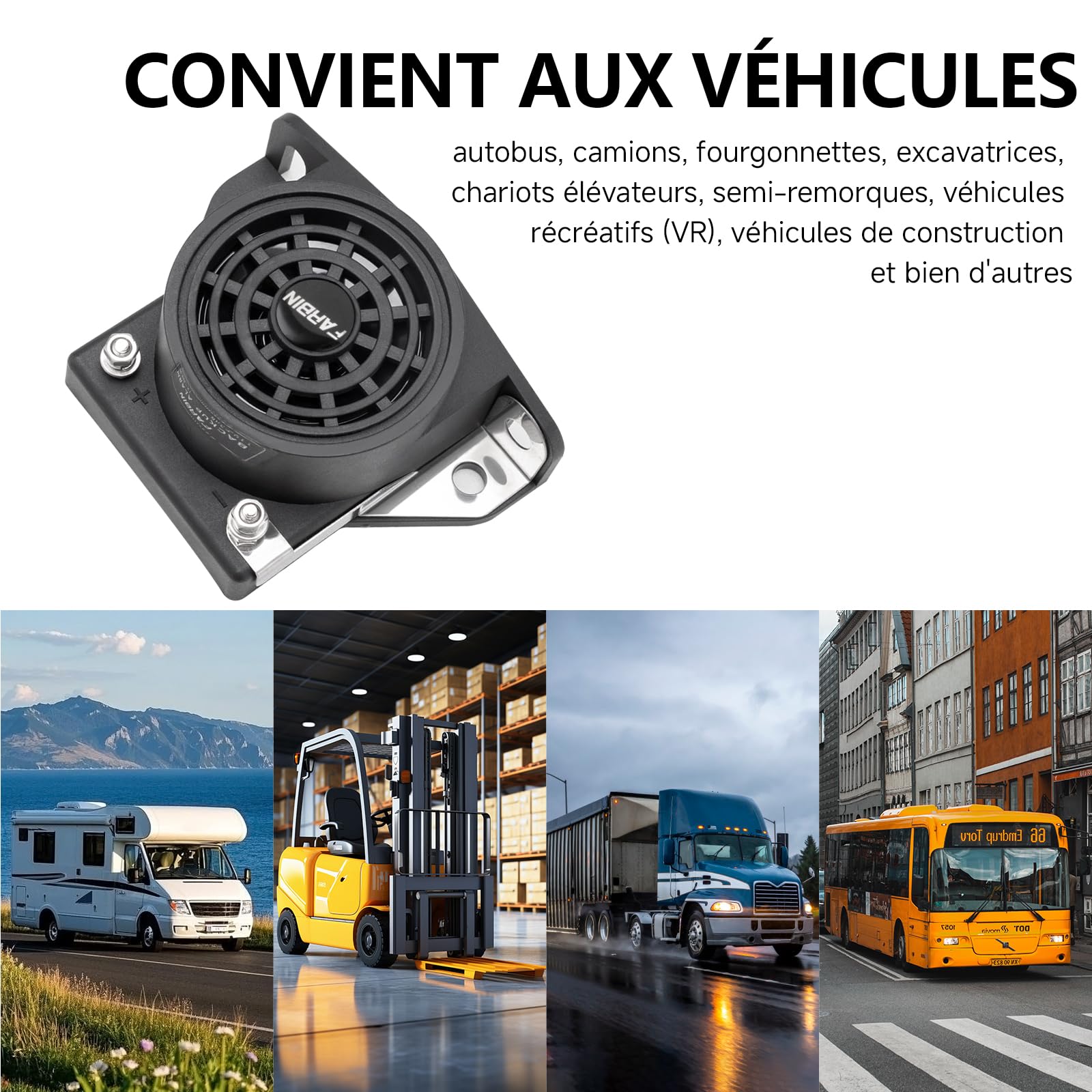 FARBIN Klaxon Voiture de Alarme Recul Voiture D’Avertissement de Bibi Etanche 12V-48V 105db Camion Renversée Universel Marche Arrière Alarme(Carrée)