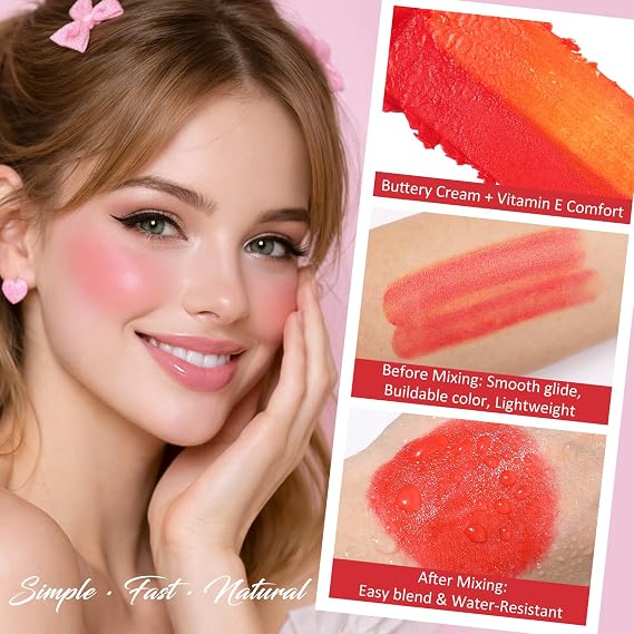 UCANBE Cherry Red Cream Blush Stick for Cheeks, Duo-Tone Buildable Blush Makeup, Hydrating Lightweight Face Blush with Vitamin E, Natural Dewy Finish, Long-Wearing, Water-Resistant