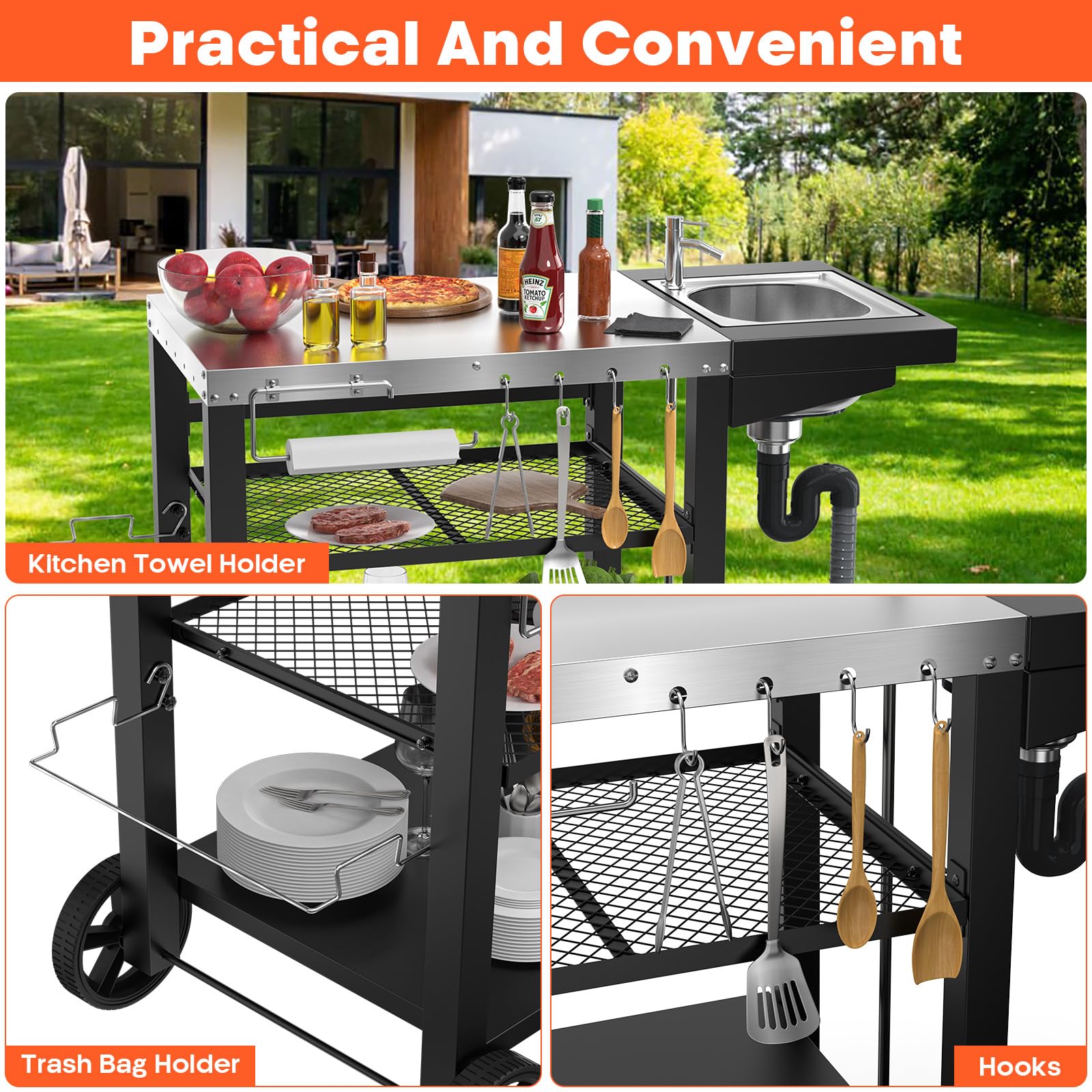 GFTIME Carrito de barbacoa de 107 x 63 x 81 cm, con fregadero de Woofire, para hornos de pizza, para barbacoas al aire libre, resistente a la intemperie, para hornos de pizza, para Weber Q1000