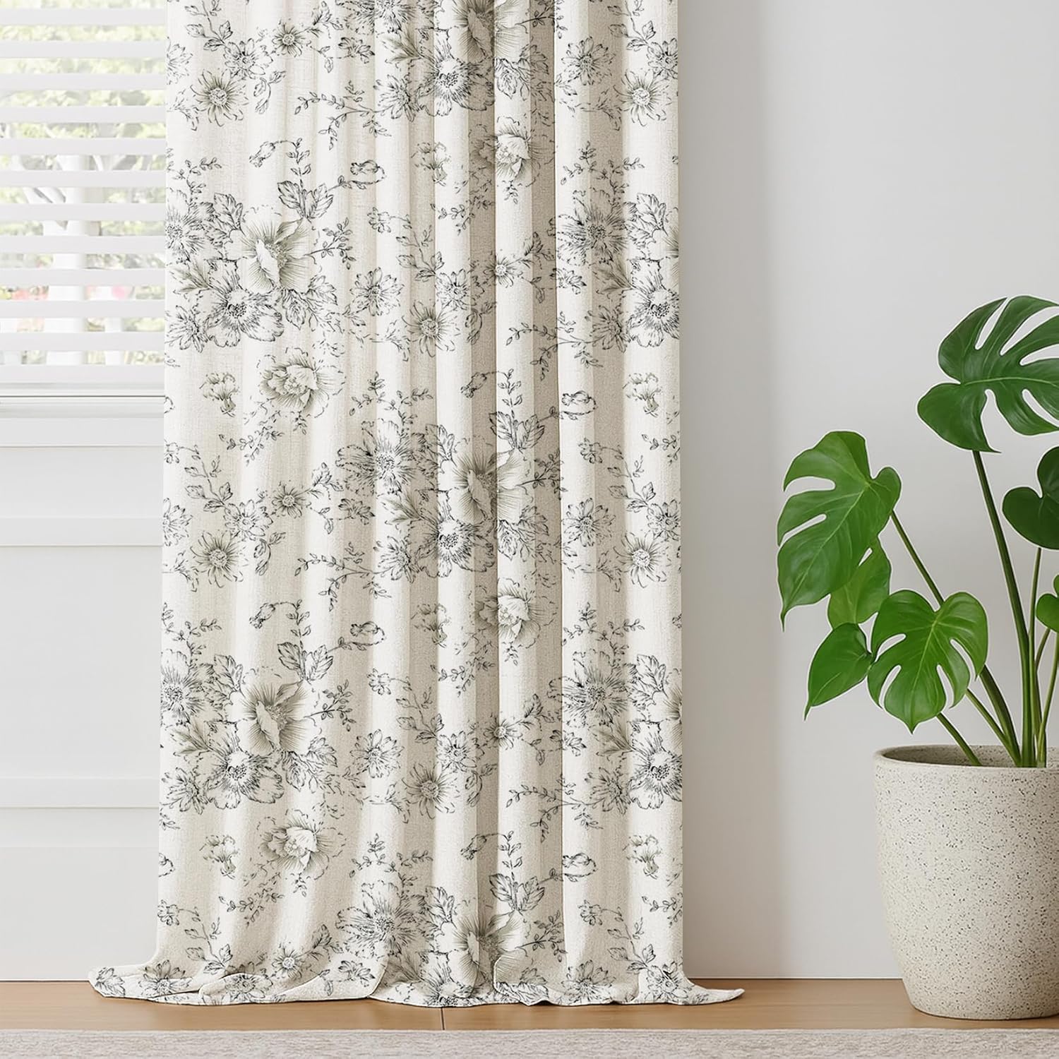 LOVOUS Farmhouse Floral Curtains 63 Inch Length Linen Light Filtering French Country Window Curtain for Living Room Bedroom Rod Pocket Black Peony Flower Patterned Drapes,2 Panels