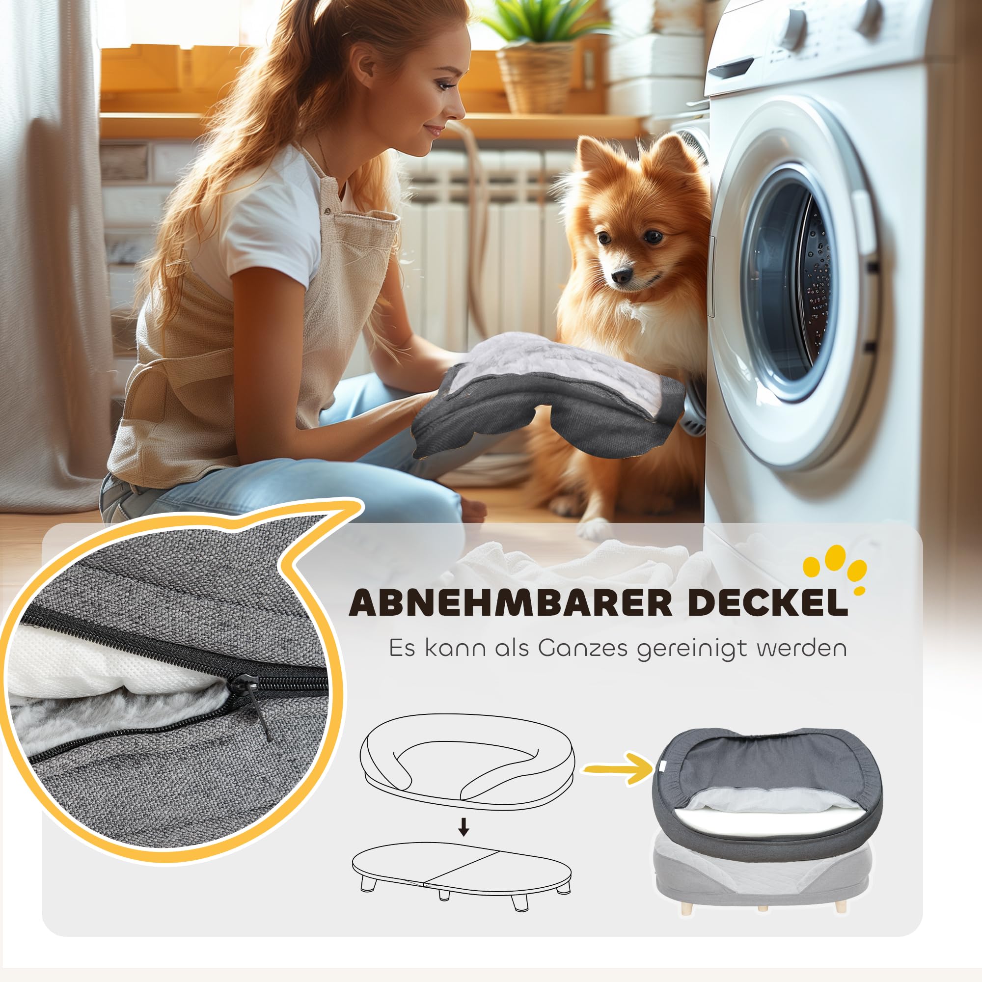 PawHut Hundesofa Hundecouch, Waschbarer Bezug, Haustiersofa mit Rückenlehne und Holzbeine, Katzensofa, Hundbett für mittelgroße Hunde unter 25 kg, 90cm x 78cm x 25cm, Grau