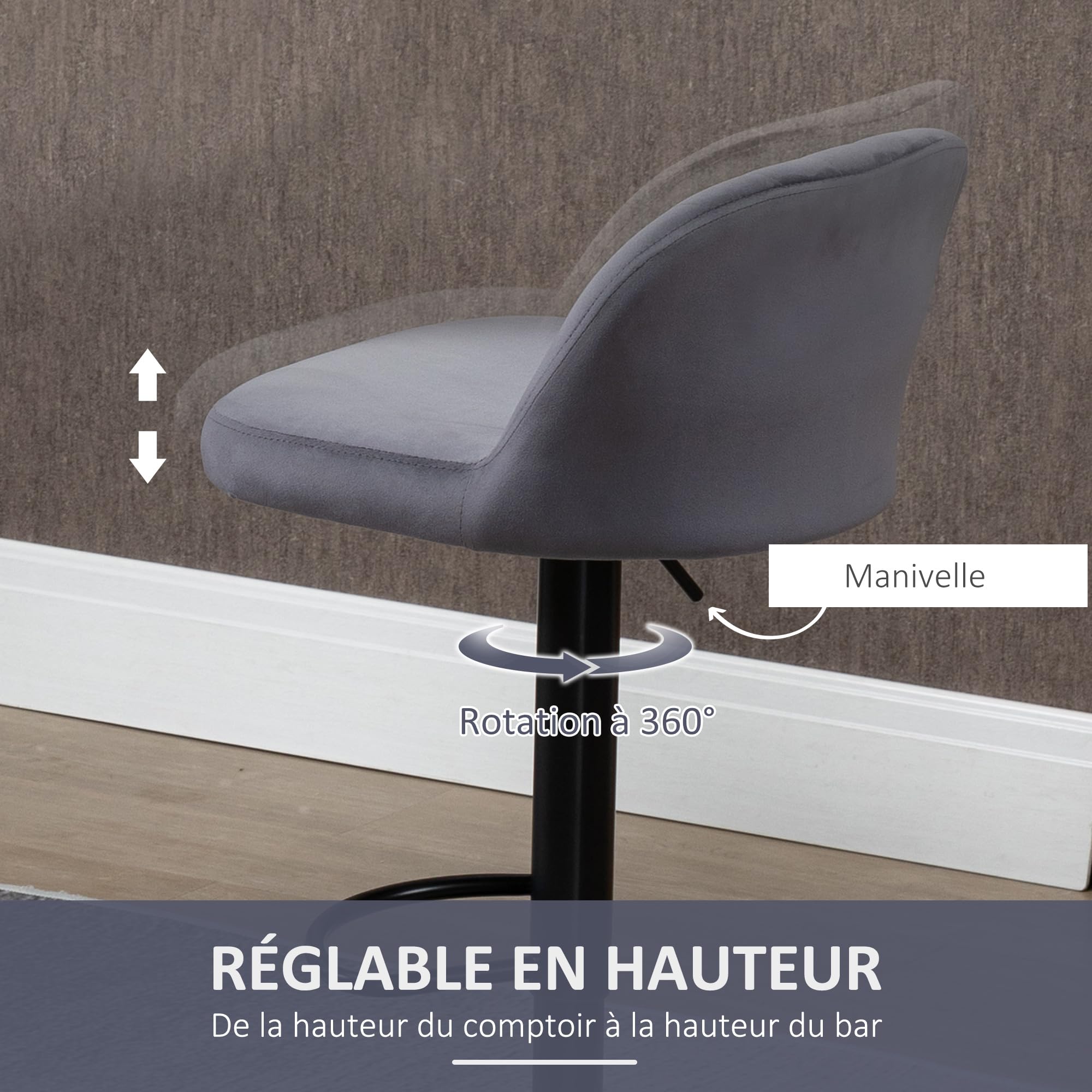 HOMCOM Lot de 2 Tabourets de Bar Repose-Pieds Hauteur Réglable Gris Noir