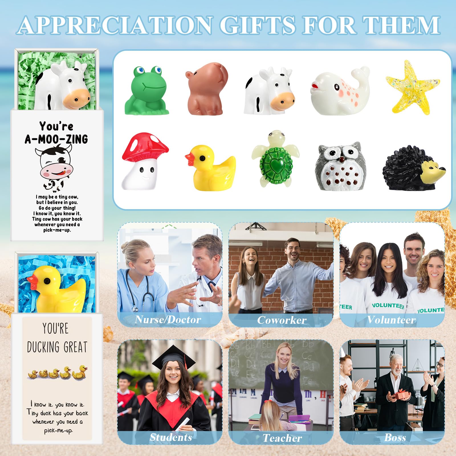 Soulchen 20 Set End of School Year Gift Mini Emotional Box Breathing Animals Inspirational Positive Support Gift for Employee Small Resin Animal Figurines with Pun Box for Teacher Nurse Office (Funny)