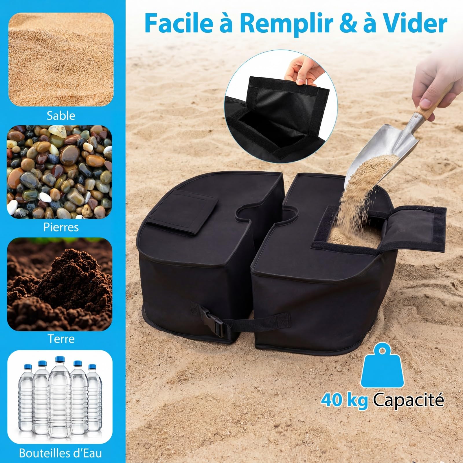RELAX4LIFE Sac de Lestage pour Pied de Parasol, Poids de Base en Tissu Oxford 40kg, Sac de Sable Robuste avec Poignées, pour Parasol Déporté ou Droit, Jardin, Terrasse, Plage (Ovale,Noir)