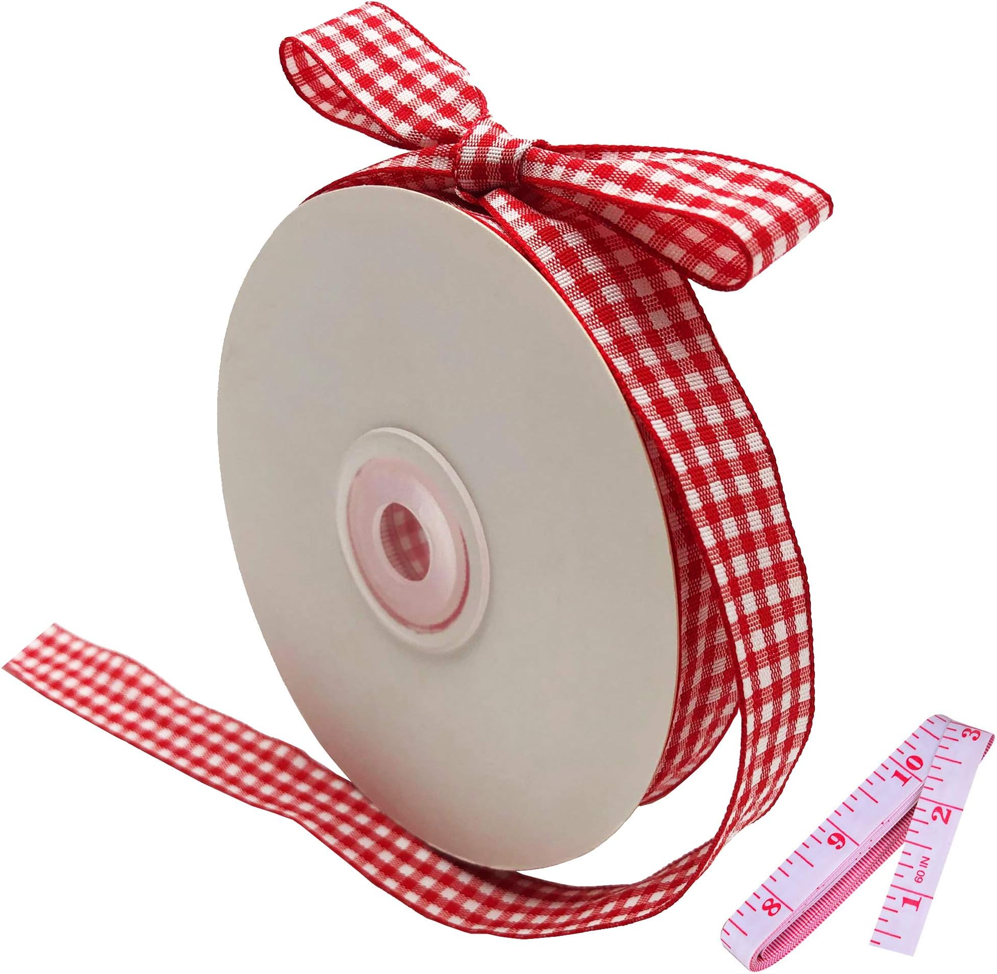 Red and White Gingham Ribbon, 5/8" x 25Yd Roll Picnic Craft Red Buffalo Ribbon for Crafts Hair Accessories and Christmas Gift Wrapping,5/8 Inch Polyester Woven Edge +60" Tape Measurement