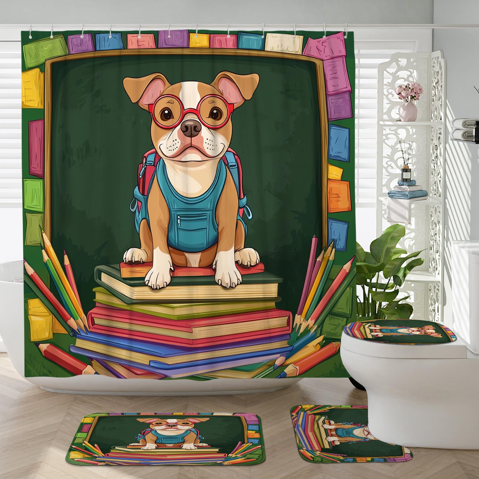Tapis de salle de bain Pitbull 183 x 183 cm avec rideau de douche et tapis de toilette en U