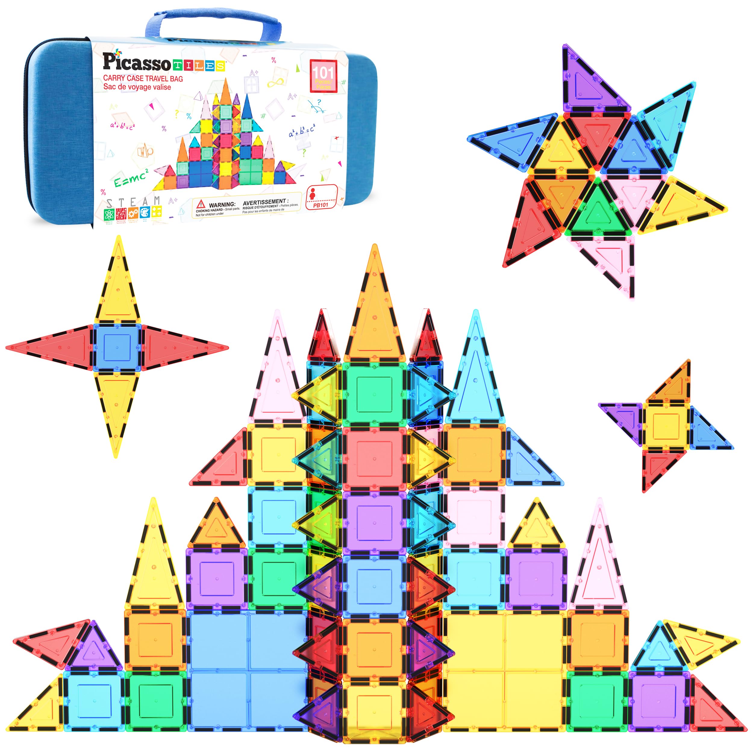 PicassoTiles Magnetic Tiles 101pcs Magnet Tile Building Blocks STEM Toy Set with Storage Case Educational Construction Kit for Kids Toddlers Boys Girls Age 3 Plus Travel Learning Carry Bin PB101