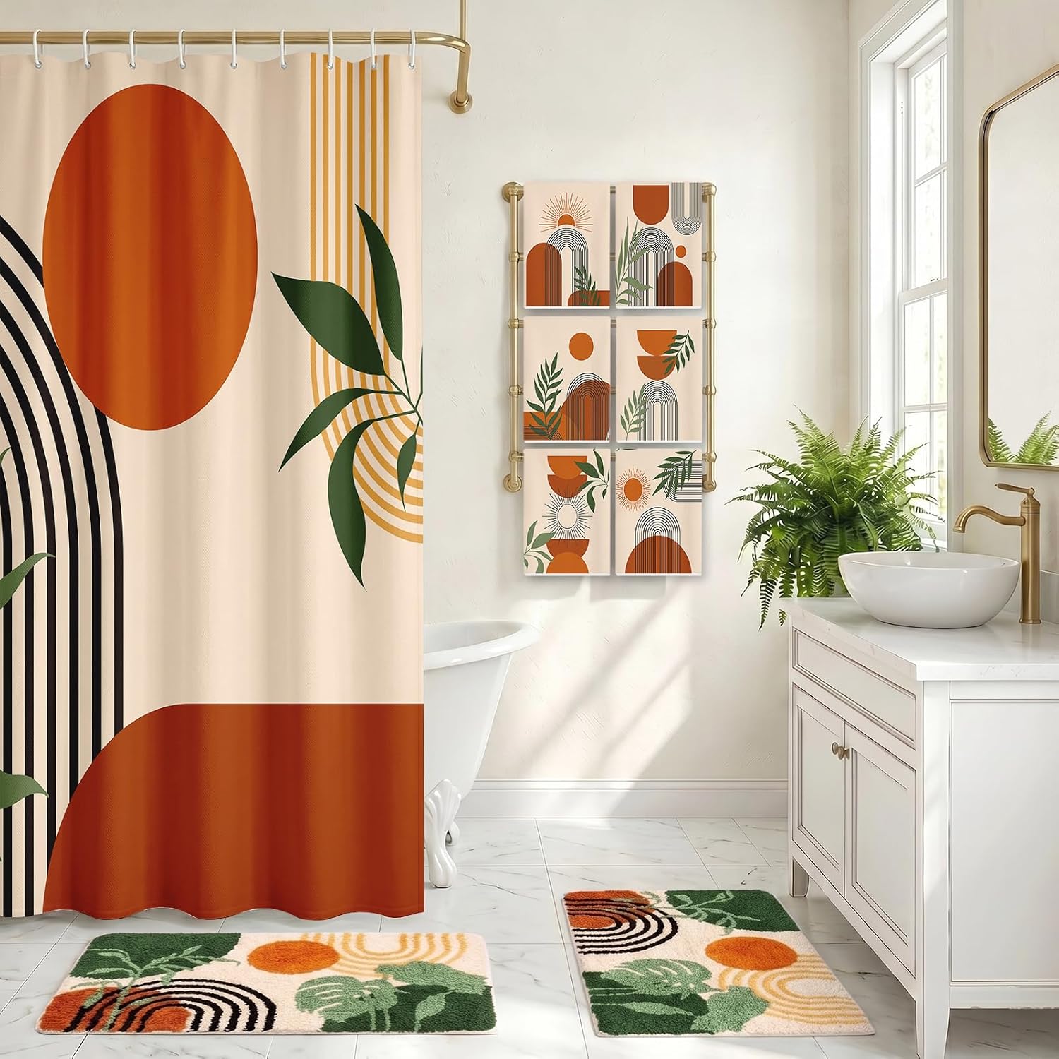 Britimes 9 Pcs Boho Botanical Bathroom Set with Green Leaves Includes a Waterproof Shower Curtain Absorbent Microfiber Non Slip Bath Mat Set and 6 Soft Absorbent Towels for Bathroom Decor