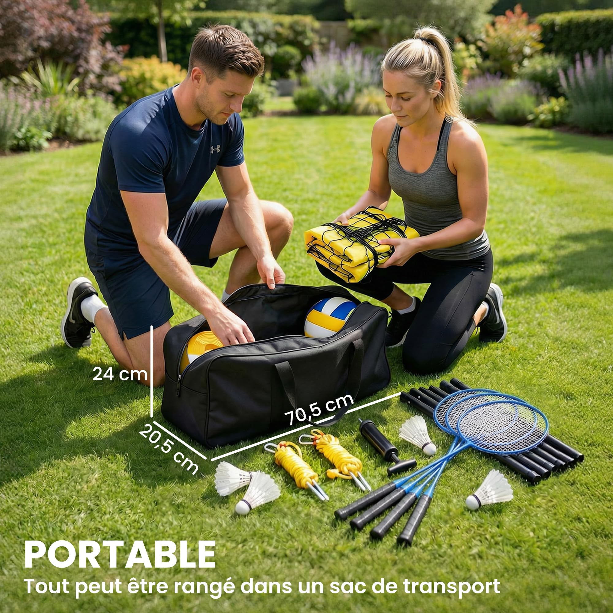 SPORTNOW Set di pallavolo e Badminton, pali in acciaio regolabile in altezza, pallone da pallavolo, rete Badminton portatile, 4 racchette da neve, 4 volant, borsa per il trasporto, per prato spiaggia