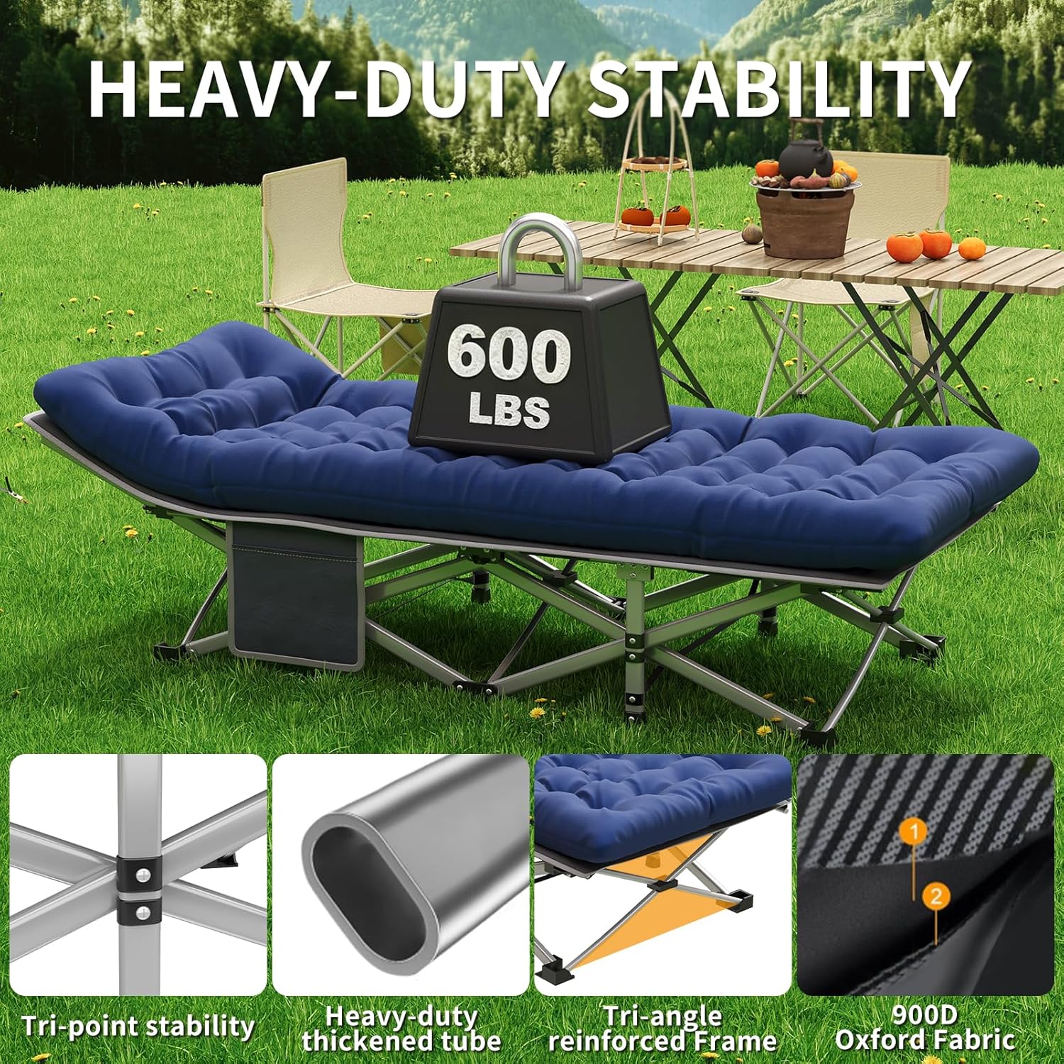 Blue Camping Cot with 2.9" Thick Mattress - Heavy Duty 600 LBS Folding Bed, 75"x28" Portable Guest Bed, Waterproof Oxford Fabric & Alloy Frame for Camping, RV, Home Emergency
