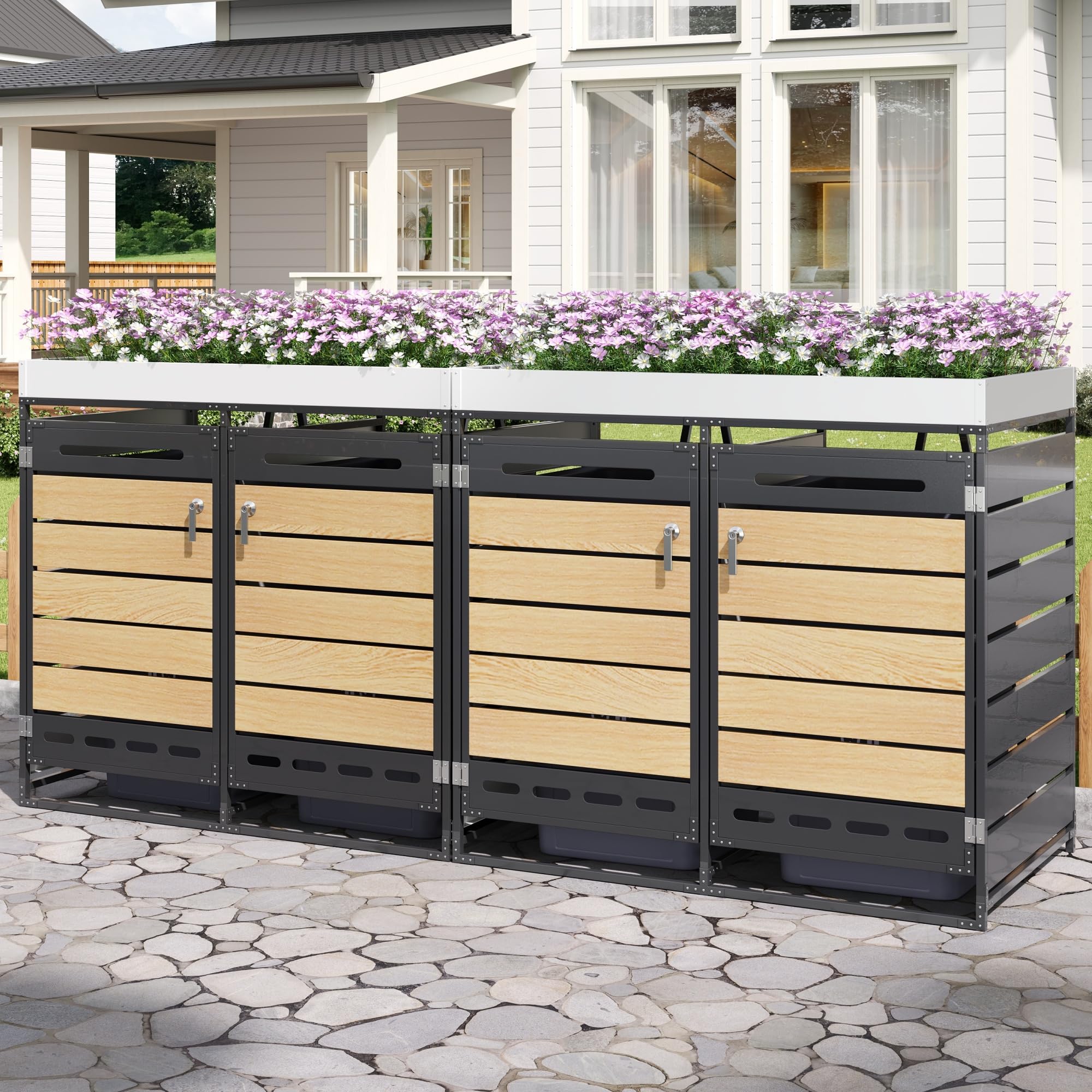 Mülltonnenbox mit Pflanzkasten, Holzoptik-Leisten, Belüftung, 4 Fächer, abschließbare Türen mit Sicherheitskette, Eisen, für Hausgarten, Terrasse, Gewerbe