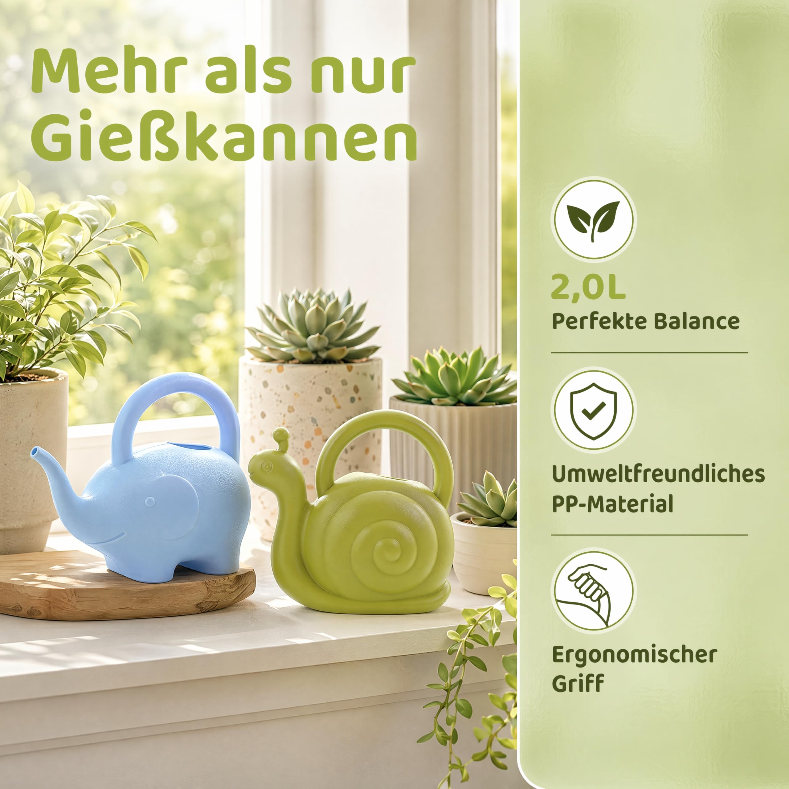 DOITOOL 2 Stück Lustige Tier Gießkanne 2.0L Mit Tragegriff Bunte Kinder-Gießkanne Für Garten Und Zimmerpflanzen Niedliches Panda-Design Bewässerungskanne (Blauer Elefant & Grüne Schnecke)
