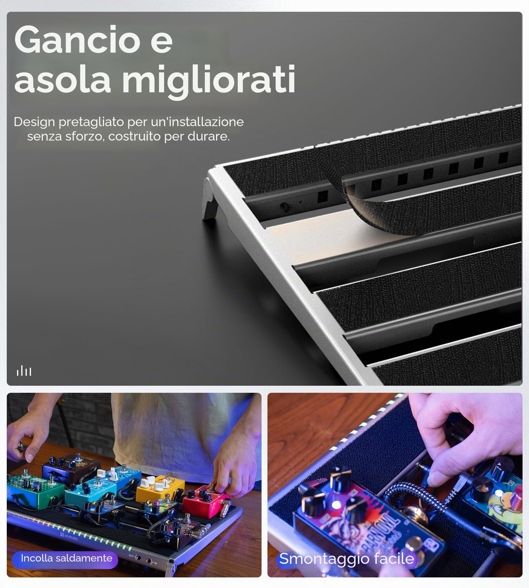 Vangoa Pedaliera per chitarra Pedalboard con Alimentatore Isolato,Incorporato PD-M in Alluminio, Piccola Pedaliera Portatile Pieghevole per Chitarra con Borsa per il Trasporto, Grigio