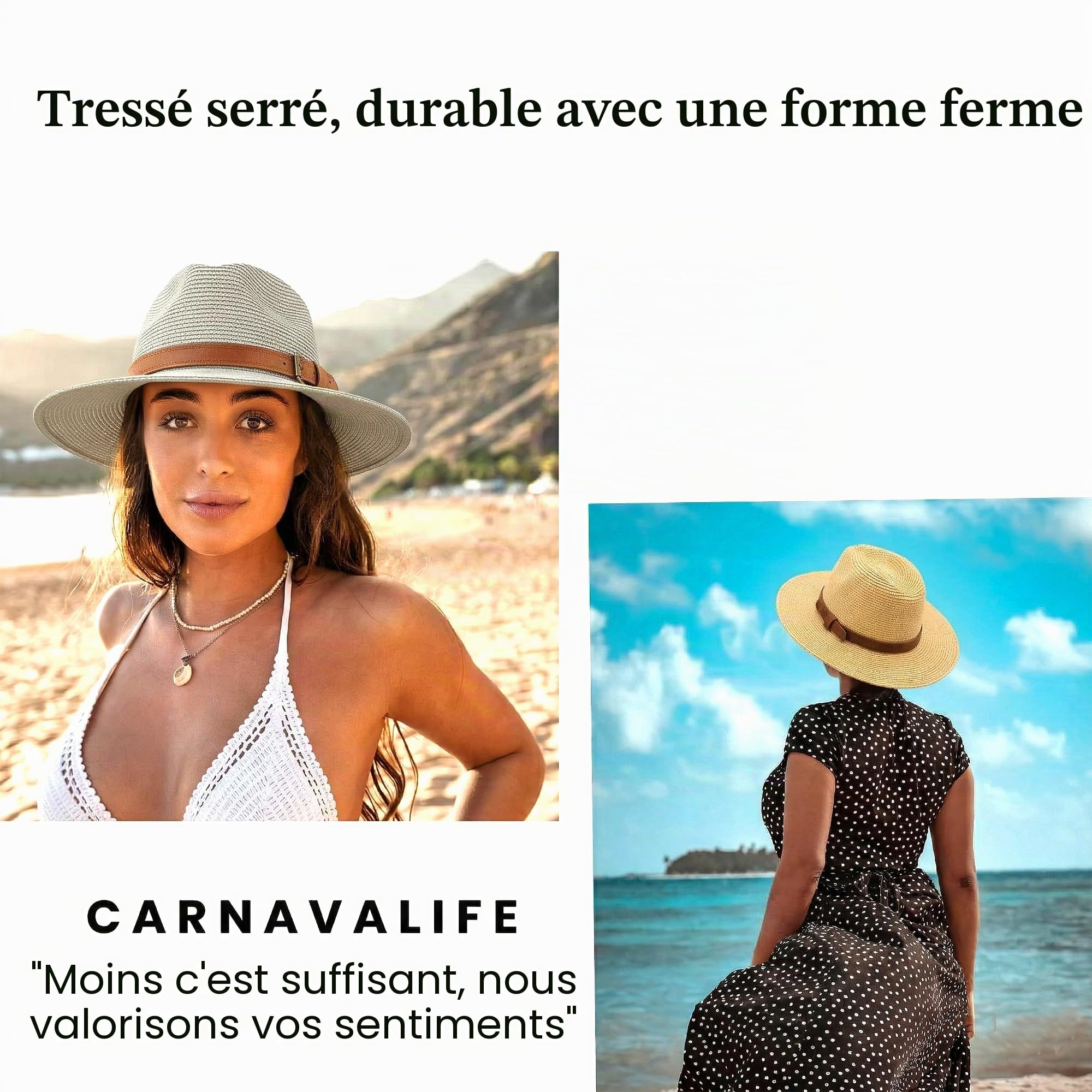 Chapeau Panama d'été, chapeau en paille Panama pour femme et homme, unisexe, chapeau à large bord UPF 50, pliable et tressé intensif
