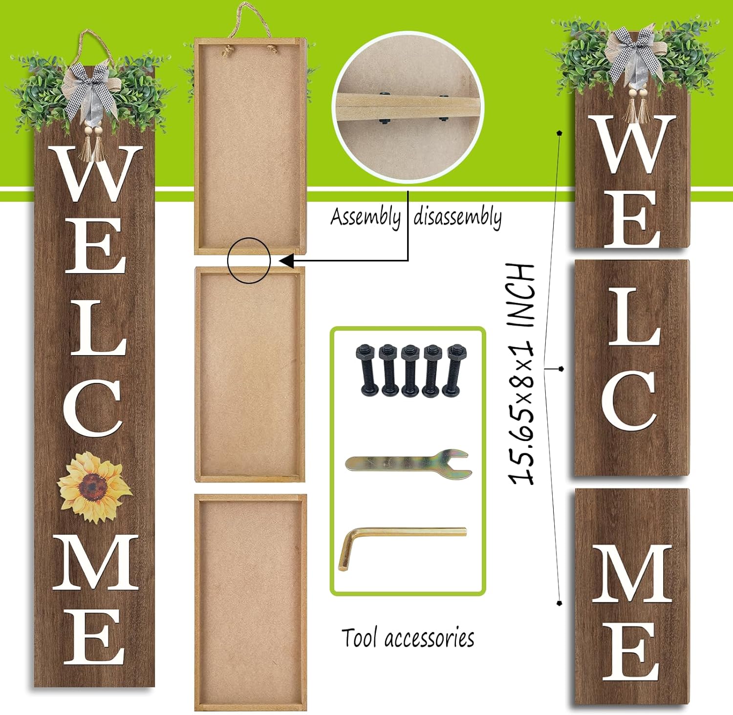 Interchangeable Outdoor Welcome Sign for Front Porch Standing 47"×8" Set of 3 Large Wood Frame with 12 Pcs Icons Vertical Tall Leaner Outside Welcome Sign for Front Door Decor (Wood)