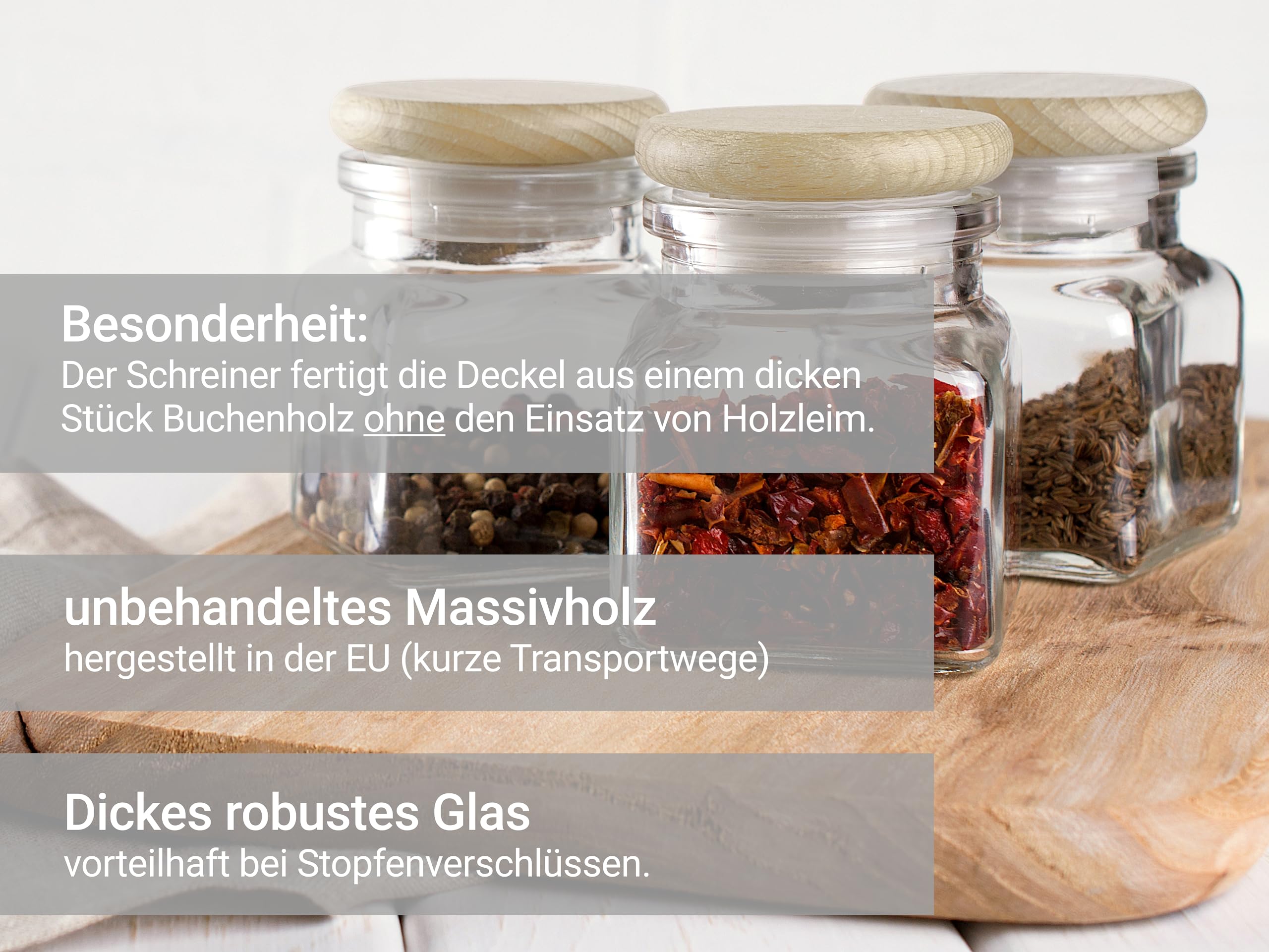 30x kleine Gewürzgläser 7,5cm hoch mit Deckel aus Holz - Glas Set | Gewürzgläschen und Gewürzdosen klein aus Glas - platzsparend für Gewürze und Kräuter in Küche und Regal