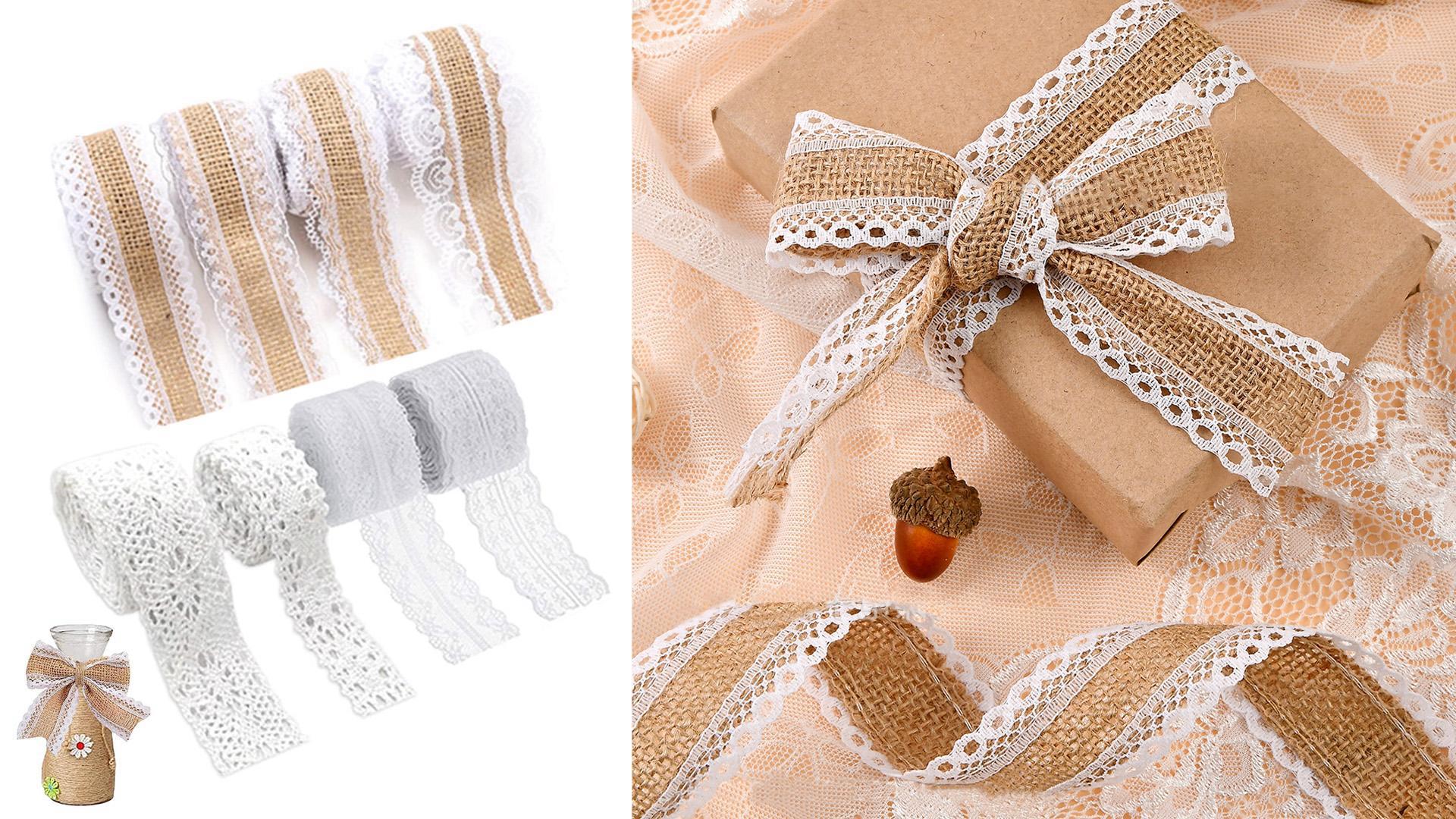 Ruban De Jute Dentelle Vintage - Lot De 8 Rouleaux + 2 Cordes - Naturel Et Blanc - Pour Mariage, Noël, DIY