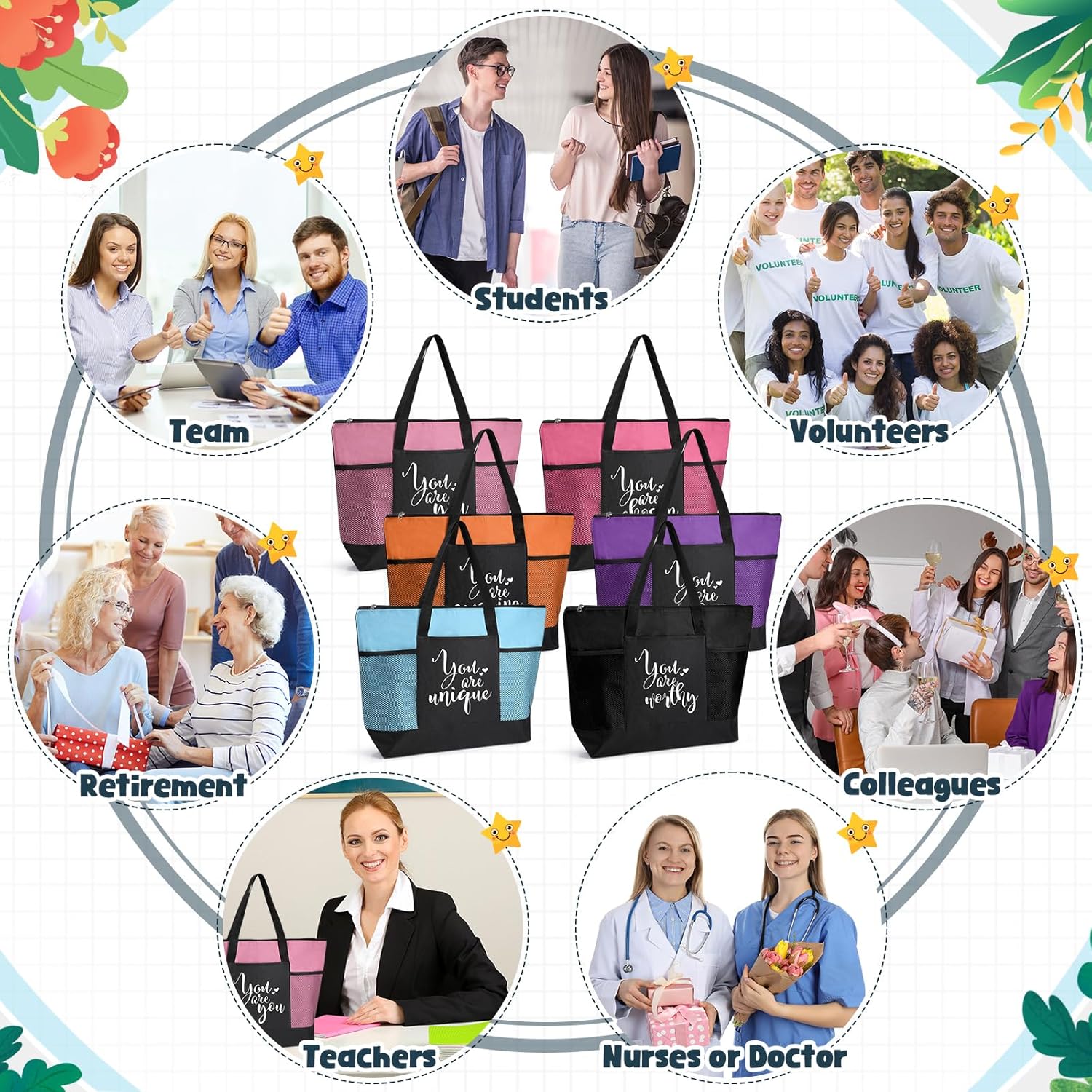 6 Pcs Thank You Tote Bags Bulk for Women, Valentine Office Employee Appreciation Gifts for Teachers, Coworkers, Nurses - Image 6