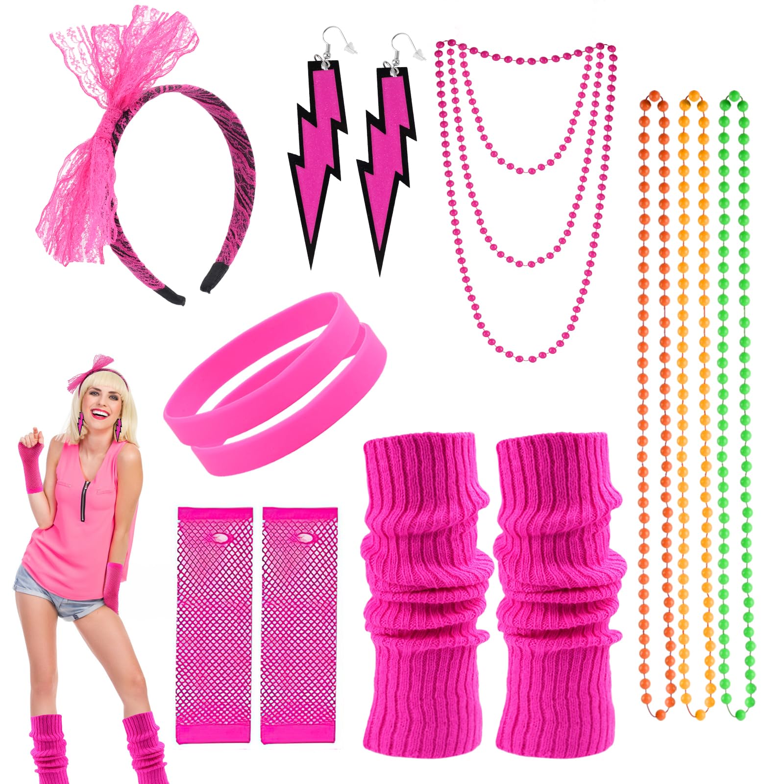 Tikplus 80s Fancy Dress for Women 13Pcs 80s Accessories for Ladies with Necklace Fishnet Gloves Leg Warmers Earrings Bow Headband