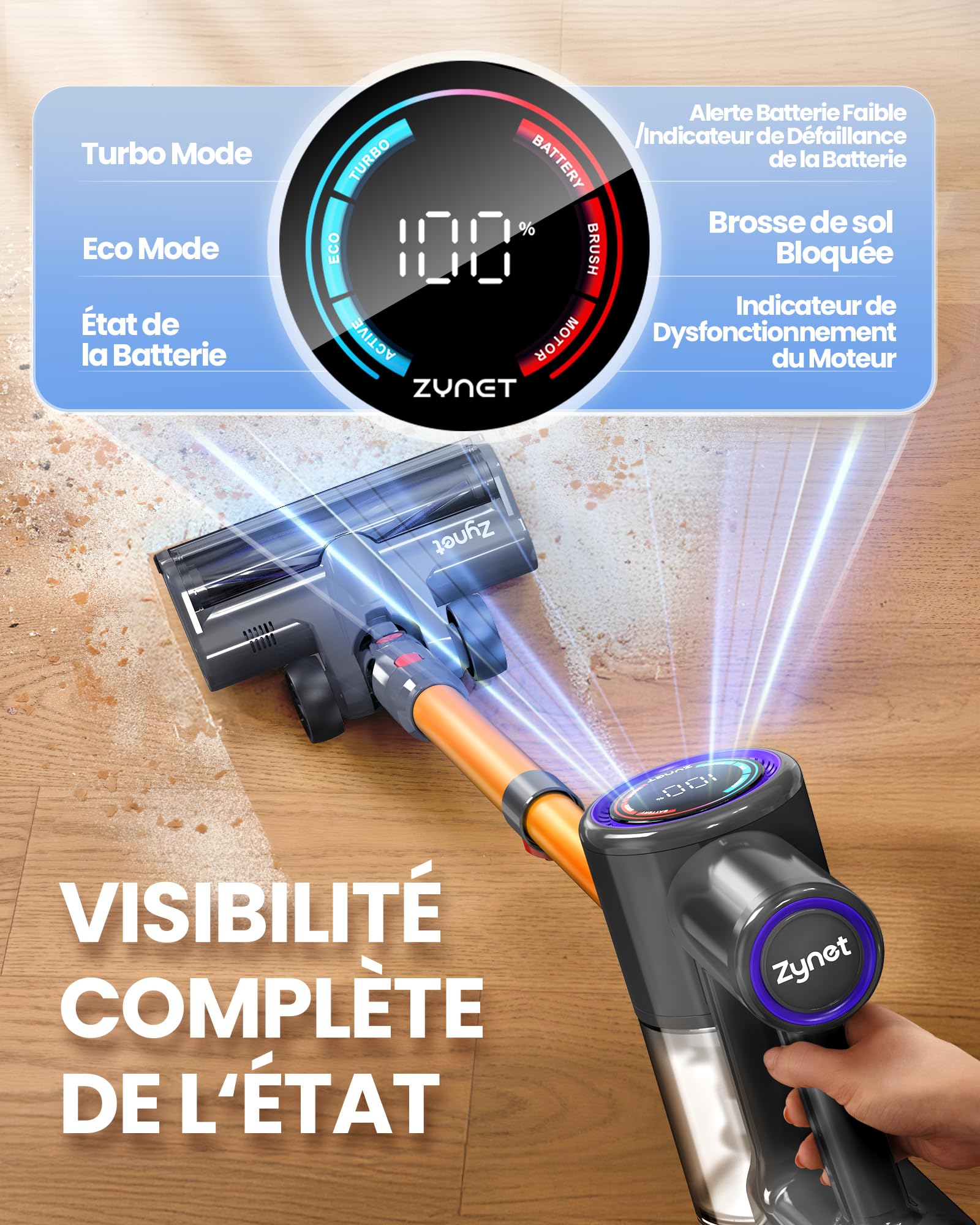 DP2 Aspirateur Balai Sans Fil À Double Batterie, 45KPa/60Min/500W, Affichage LED, Tube Télescopique, Autoportant, Lumière Greeneye, pour Nettoyage Maison, Poils D'animaux, Moquettes et Sols Durs