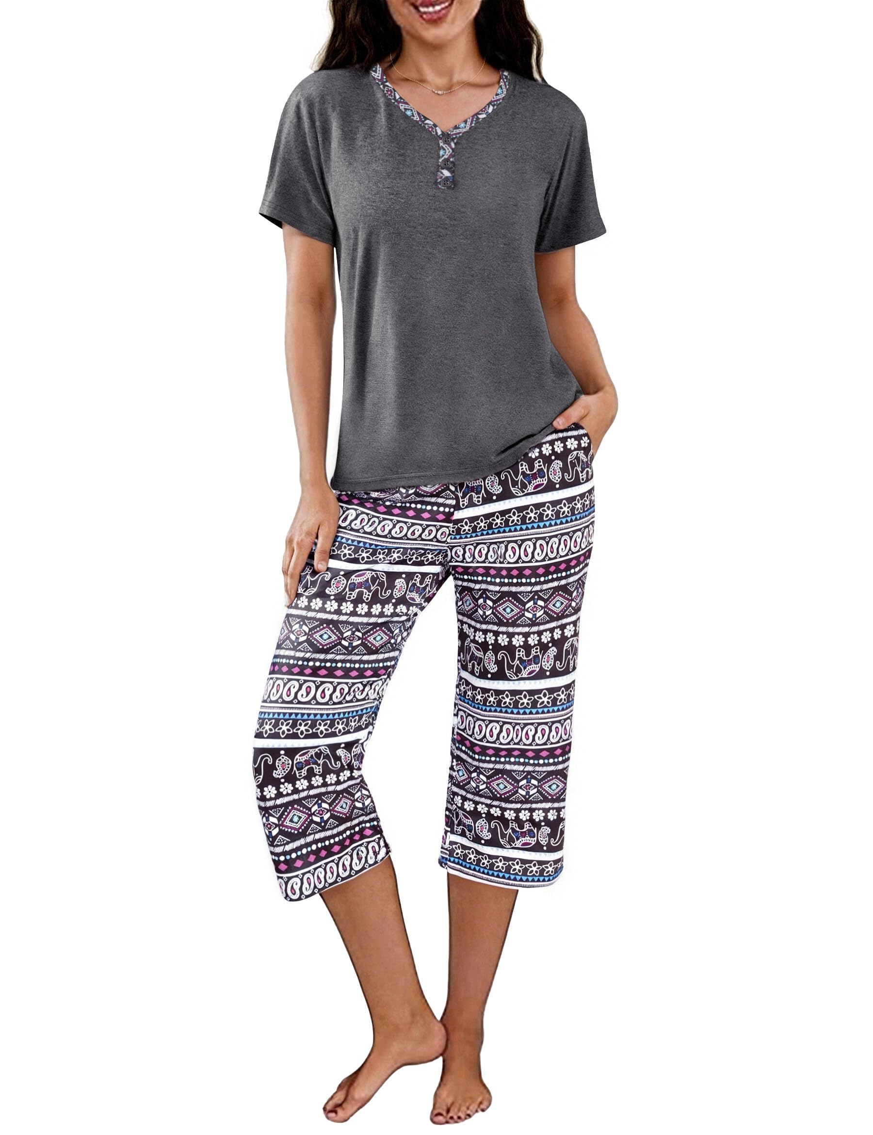 Uniexcosm Schlafanzug Damen Kurz Baumwolle Pyjama Set Zweiteiliger Kurzarm Nachtwäsche Wimperndruck Oberteil und 3/4 Hose Sleepwear