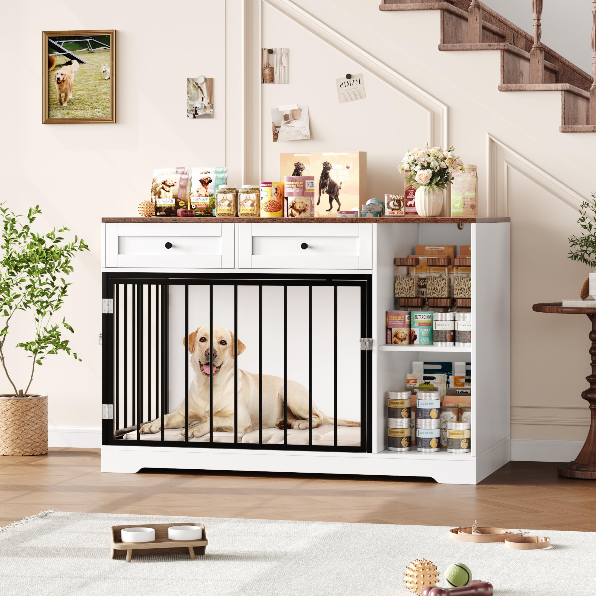 FirFurd 120 cm Cage pour Chien, Cage Chien Interieur avec 2 Porte 2 Tiroirs 2 Étagères, Niche pour Chiens Meuble Cage Chiens en Bois 120x60x87cm Blanc+Marron