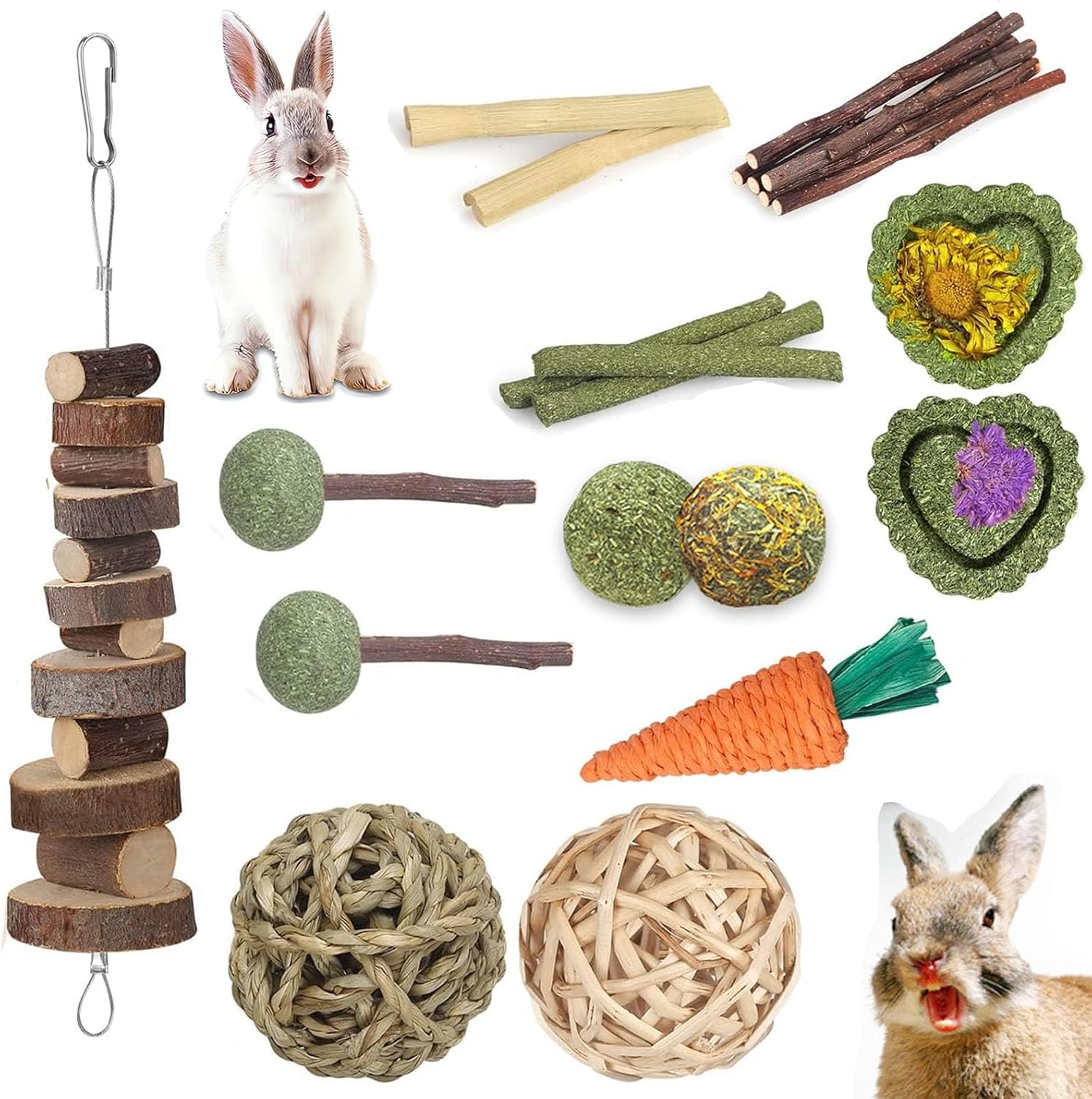 Rabbit Chew Toys, Hamster Chew Toys, Natural Bunny Chew Toys Set, Small