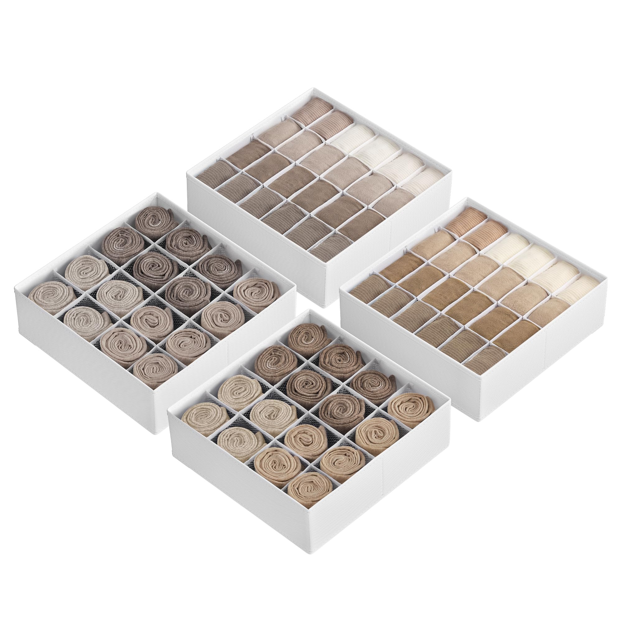 SONGMICS Unterwäsche-Organizer 4er Set, 80 Fächer (2x16+2x24), Schubladen-Organizer faltbar, Ordnungssystem Kleiderschrank, Aufbewahrungsboxen, Socken, Unterwäsche, Krawatten, cremeweiß RUS011W01