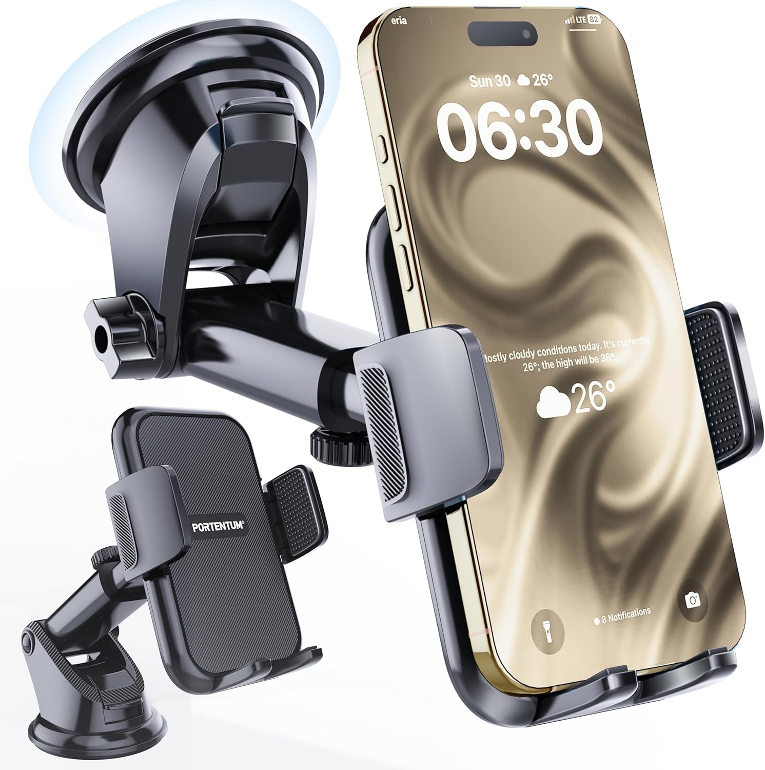 Porta cellulare da auto PORTENTUM con ventosa per telefono – Nuova versione 2026 – Rotazione a 360° e braccio estensibile – Cruscotto e parabrezza – Compatibile con telefoni da 4 a 7,5 pollici