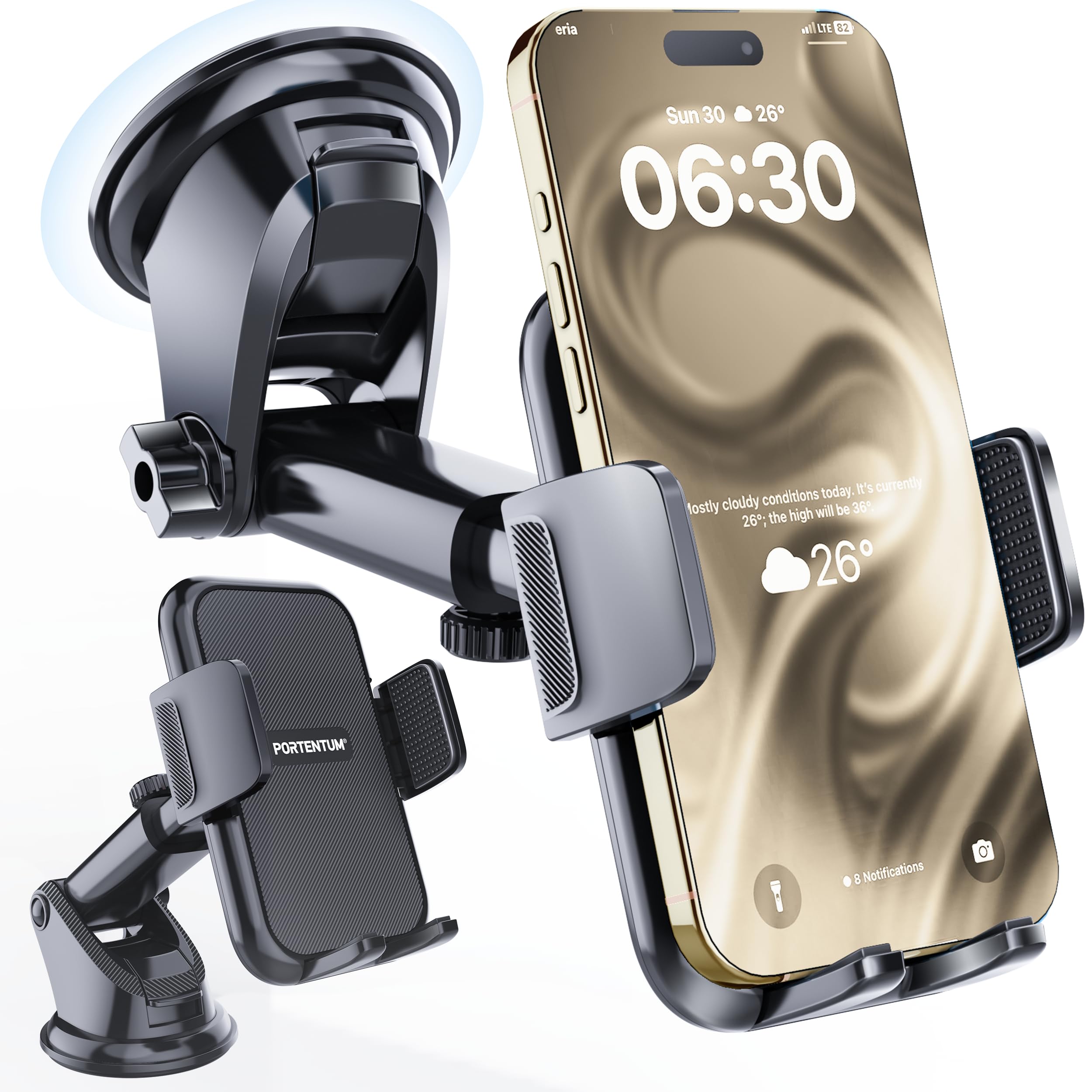 PORTENTUM Soporte movil Coche con Ventosa Reforzada – Nueva versión 2026 – Rotación 360° y Brazo Extensible – Suporte telemovel Carro Parabrisas y salpicadero Compatible con teléfonos de 4 a 7.5"