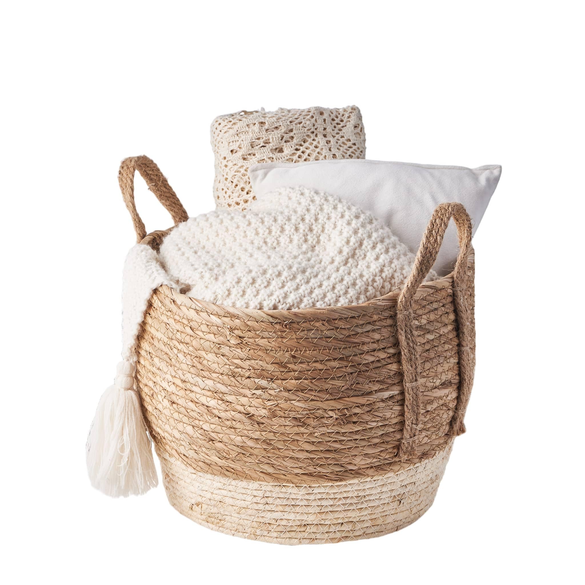Eden & Willow Natural Straw Woven Plant Storage Basket, Home Organisation Hamper Basket with Handles (Cream, Large)