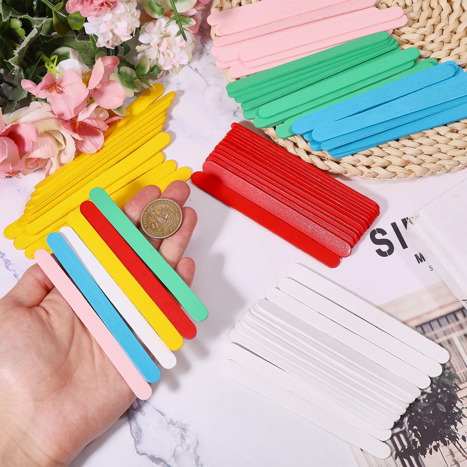 CONCHLERY 300 Pcs 6 Colors Craft Wood Sticks Pastel Colored Craft Wooden Sticks Multi-Purpose Stick for DIY Classroom Crafts Home Art Projects - Image 3