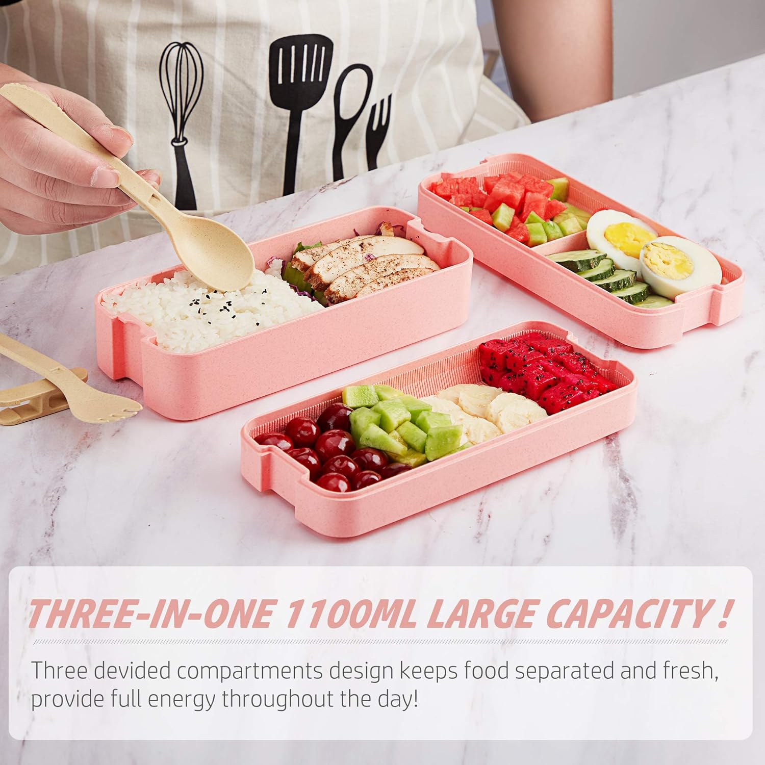 AZAWA Bento Lunch Box 1100ml/38oz, 3-Layer Bento Box with Spoon & Fork for Kids Adult & Office Worker, BPA-Free Lunch Box Leak-Proof Food Containers with Bonus Lunch Bag (Pink): Home & Kitchen