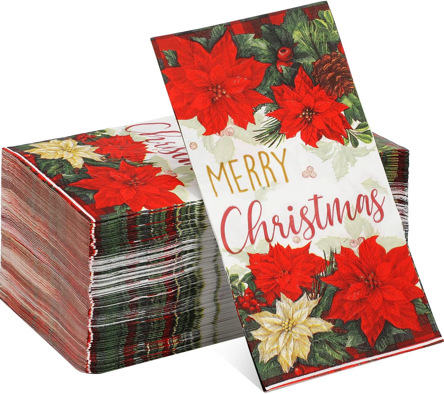 100 Pcs Christmas Poinsettia Napkins Red Green Buffalo Plaid Bordered Poinsettia Disposable Paper Dinner Napkins Merry Christmas Holly and Berry Hand Towels for Home Kitchen Christmas Party Supplies